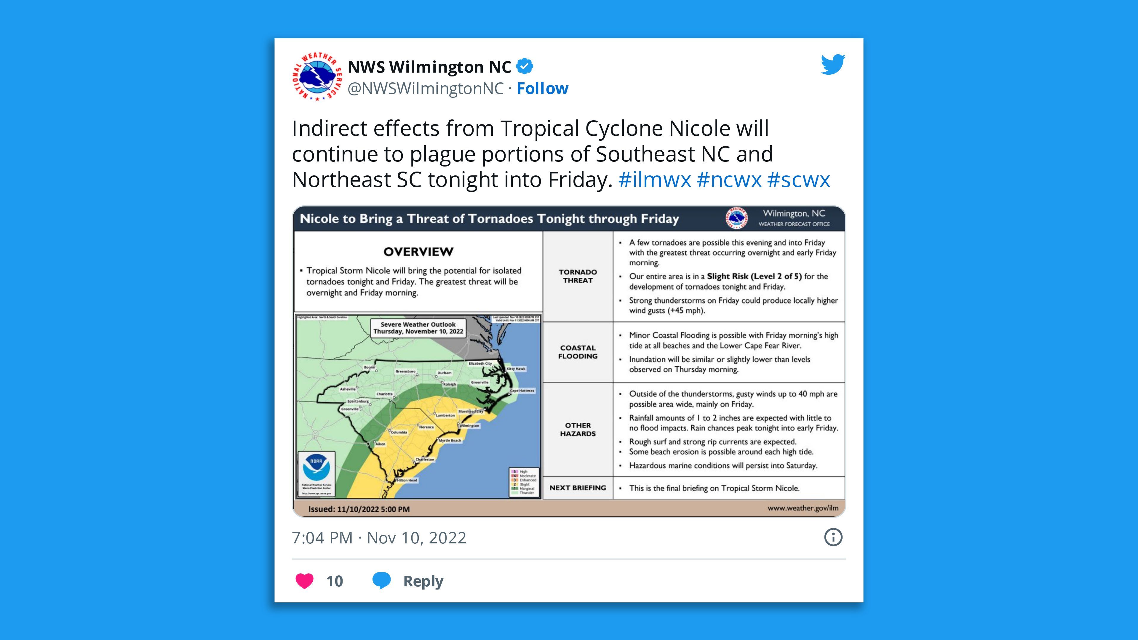 A screenshot of an NWS tweet warning of possible tornadoes in the Carolinas through Friday.