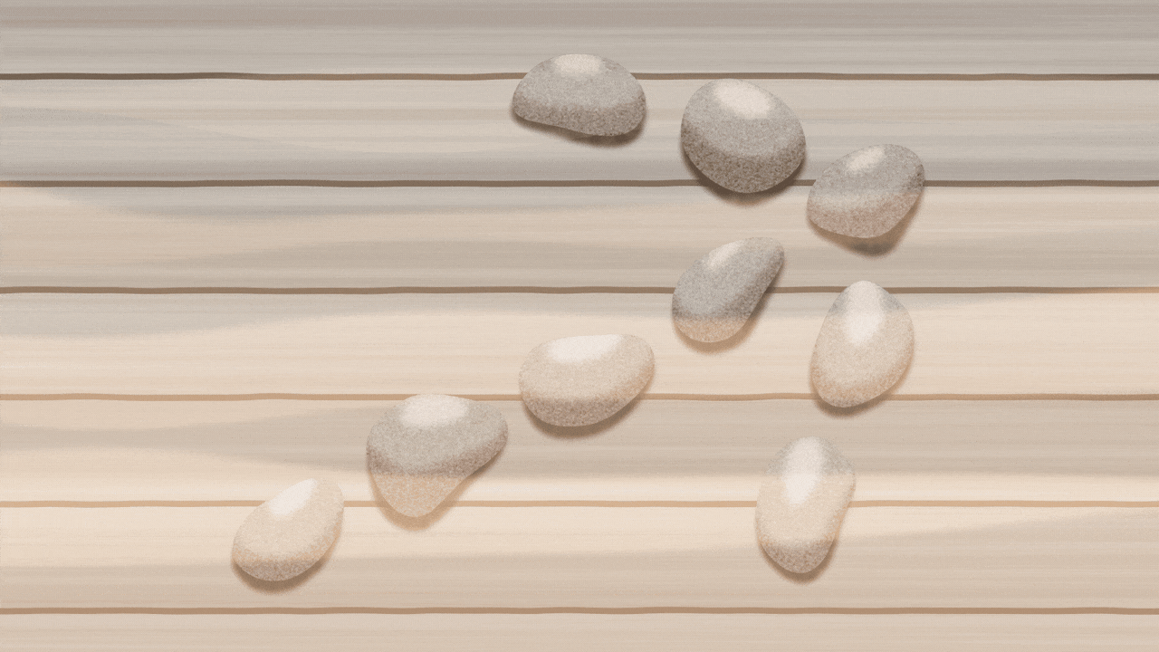 Animated illustration of an upward arrow made of sauna stones, sitting on a sauna bench, with steam floating over it.