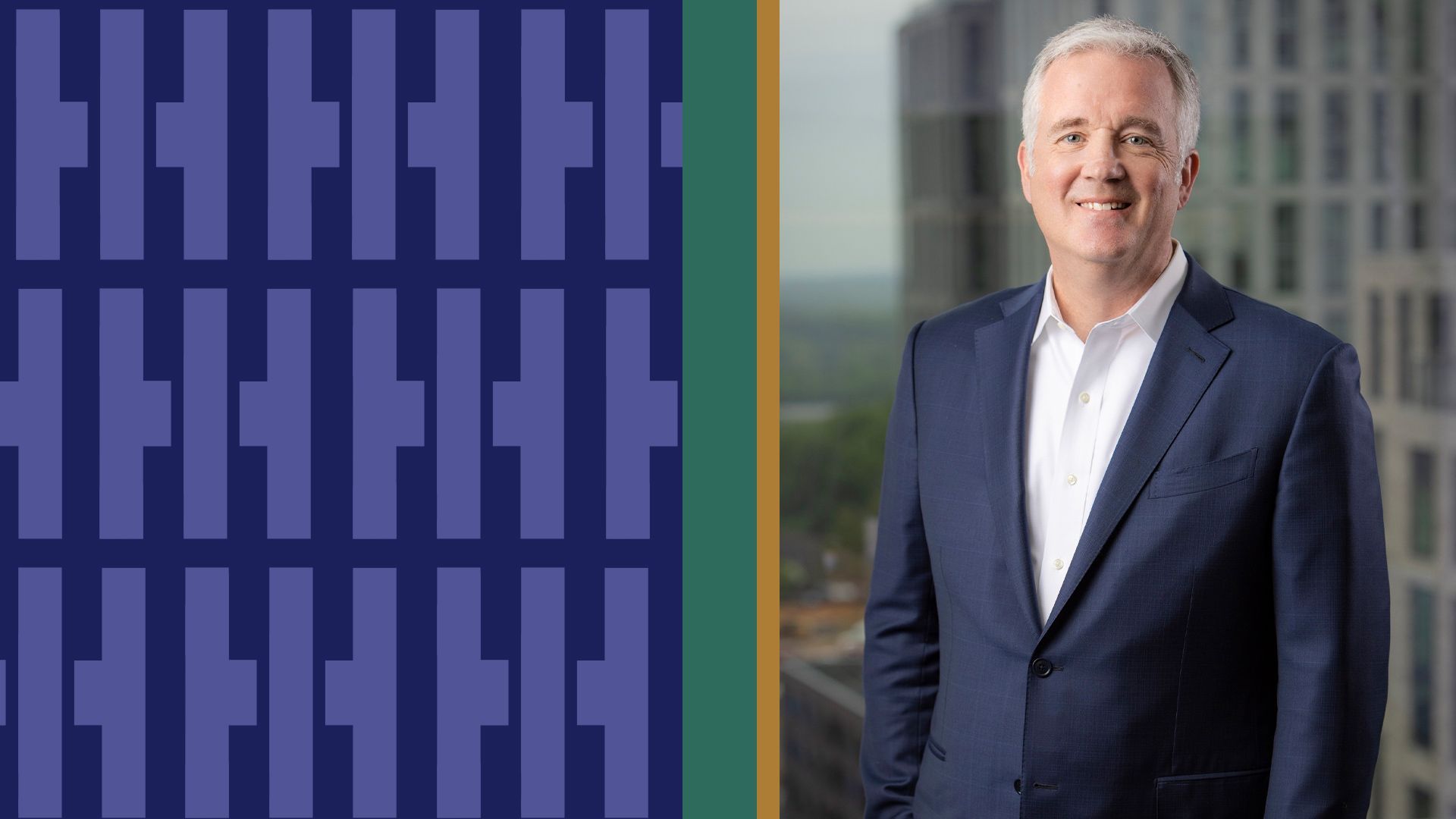 Photo illustration of Andy Green surrounded by a repeating pattern of the HII logo. 