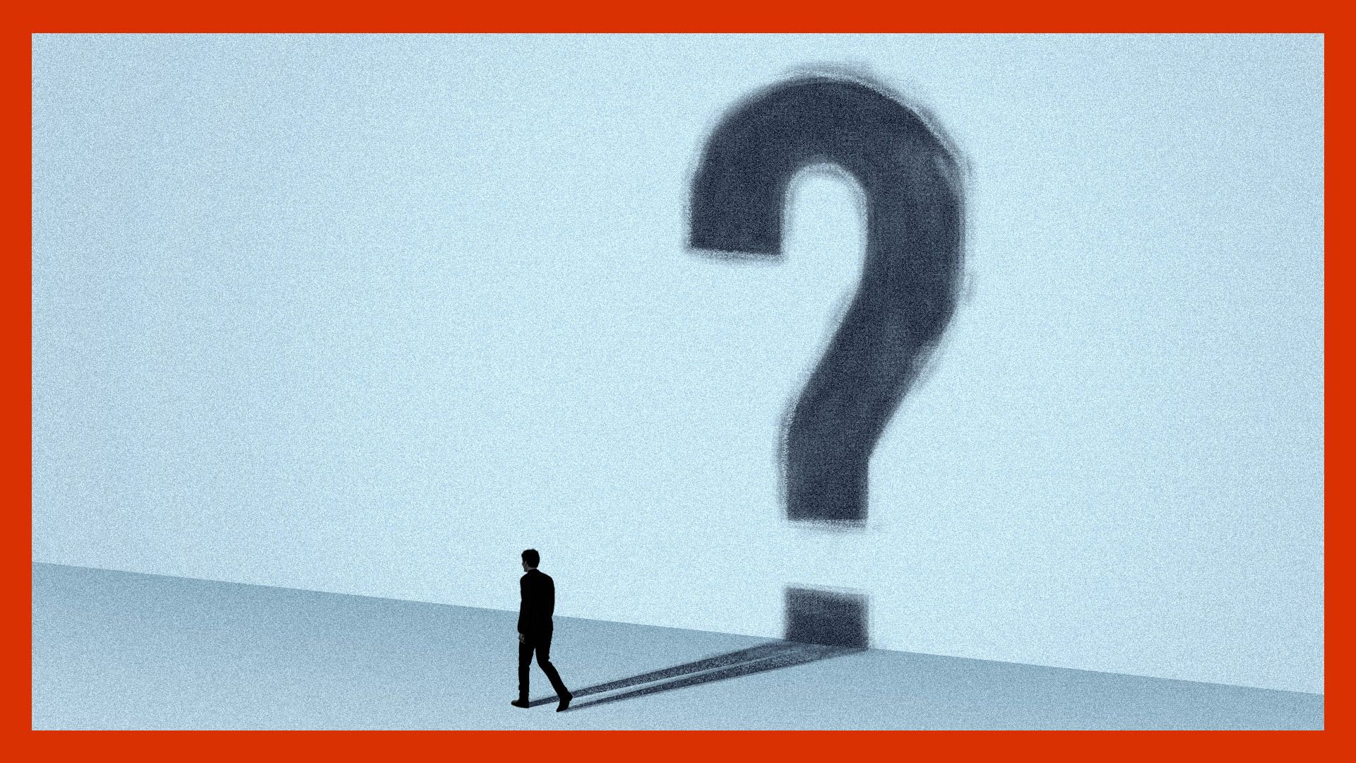 Illustration of a man walking with big shadow question mark, with a red border all around.