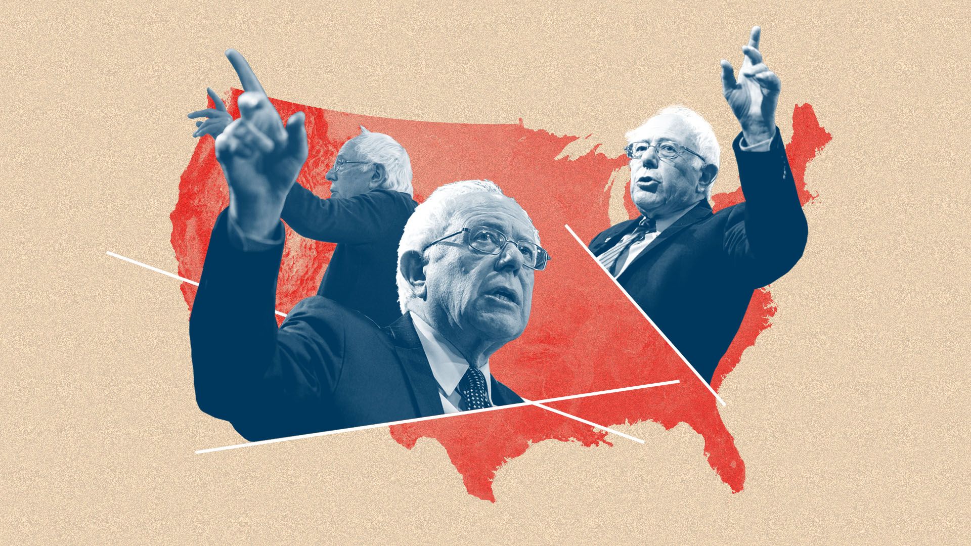 Illustration of multiple Bernie Sanders's hovering over the United States