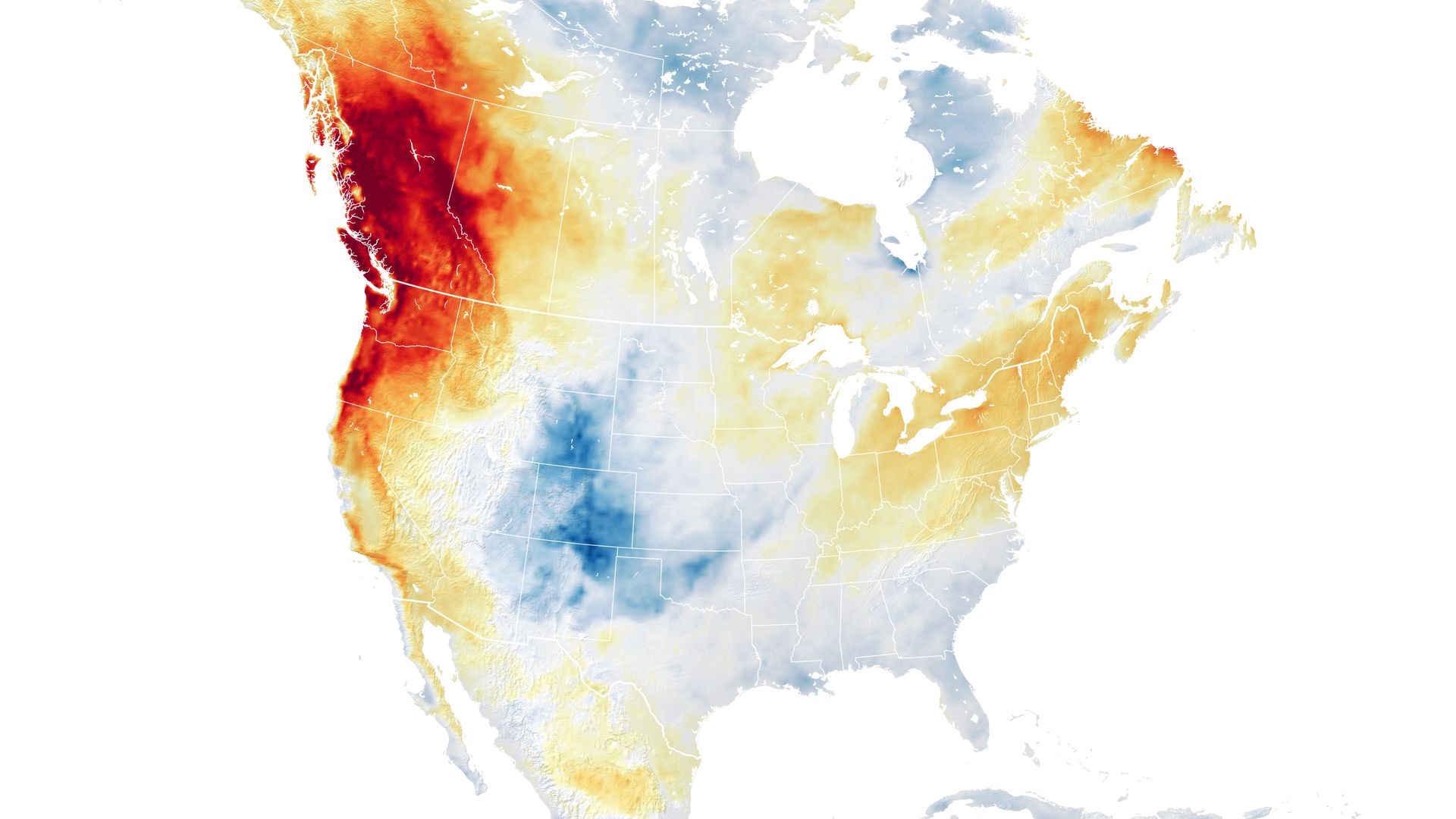 Map of North America showing an area in red in the Pacific Northwest where a heat wave and wildfires are raging.