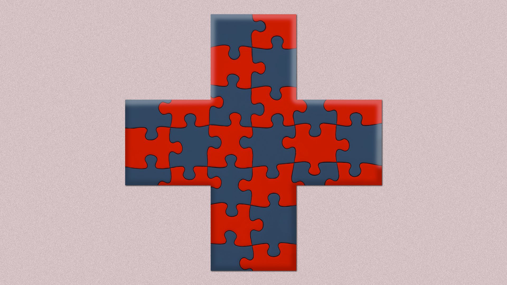 Illustration of a red cross made out of red and blue puzzle pieces.