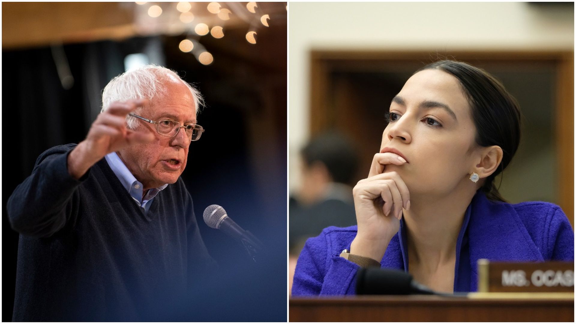 This image is a split-screen of Bernie Sanders and AOC.