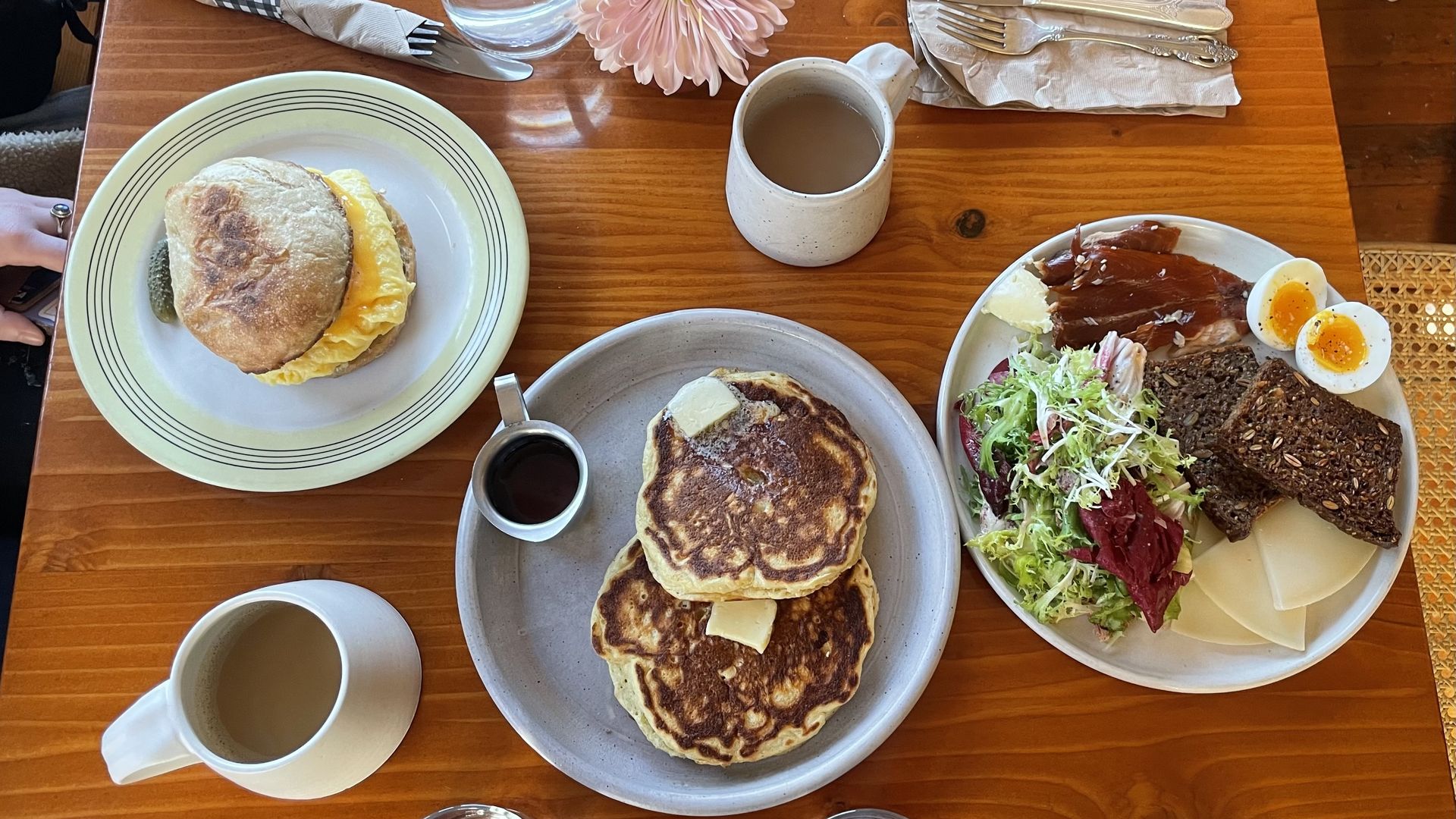 An image of a table with three plates on it, including a plate of pancakes and two coffee cups.