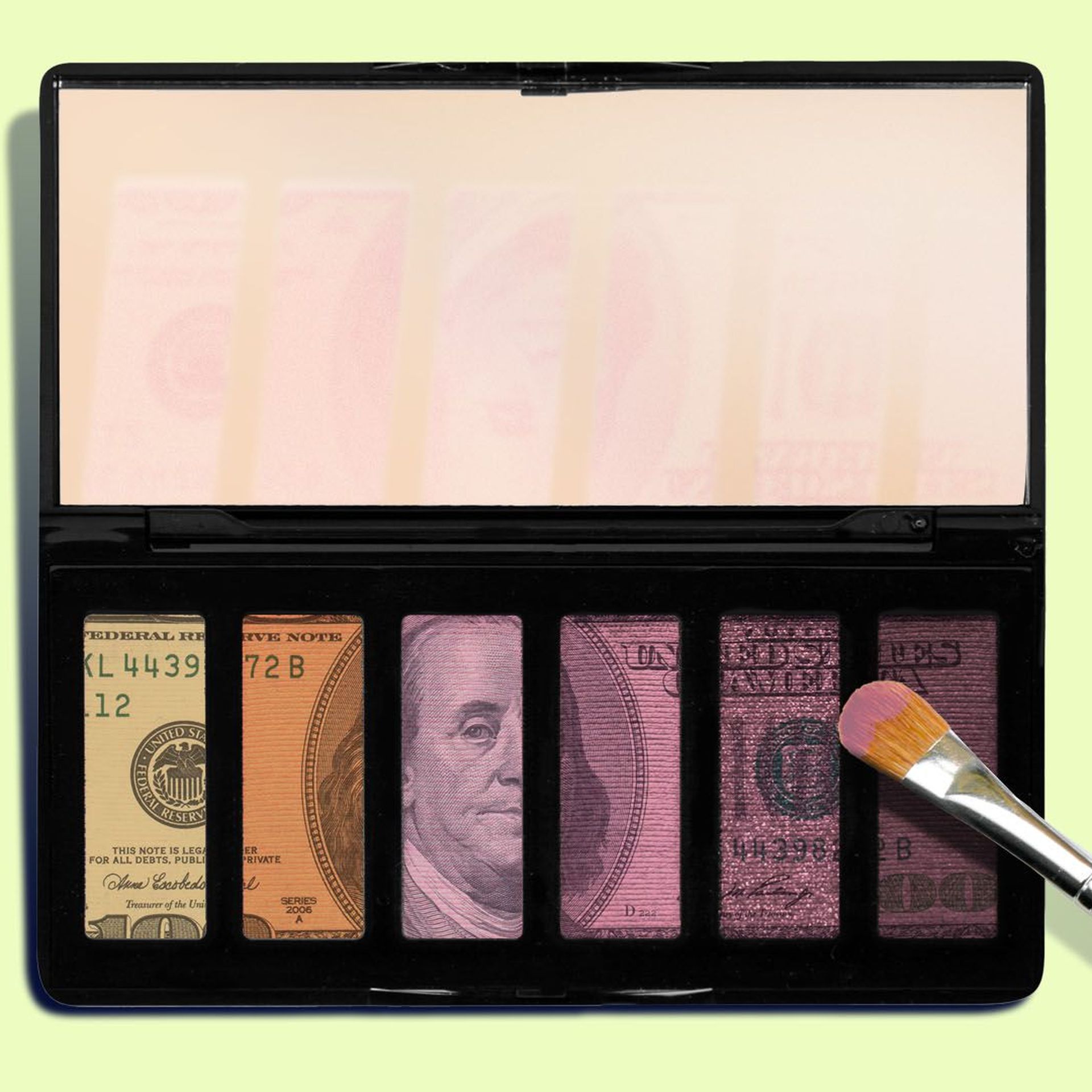 Illustration of an eyeliner palette made out of a hundred dollar bill