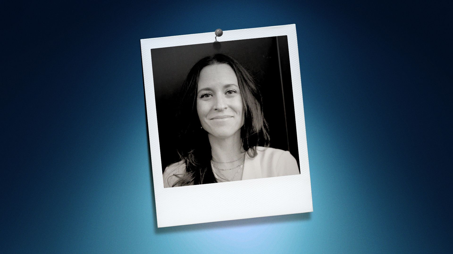 Photo illustration of Sarah Plastino in the center of a Polaroid photo under a blue spotlight.