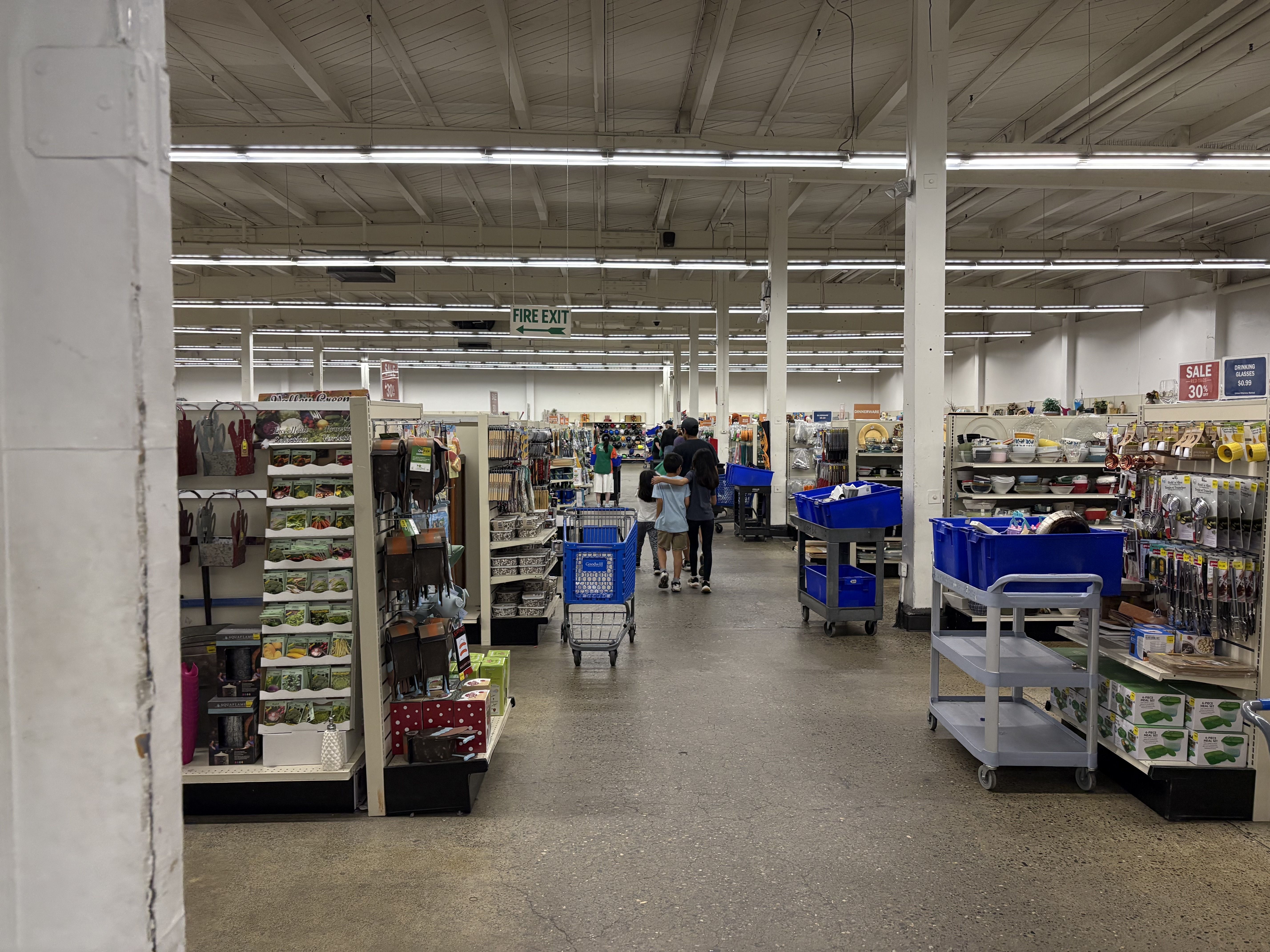 Inside a large store with white ceiling beams and bright fluorescent lights. Aisles of dishes and kitchenware line the shelves; blue carts sit in the center, and a green "FIRE EXIT" sign hangs overhead as shoppers stand in the distance.