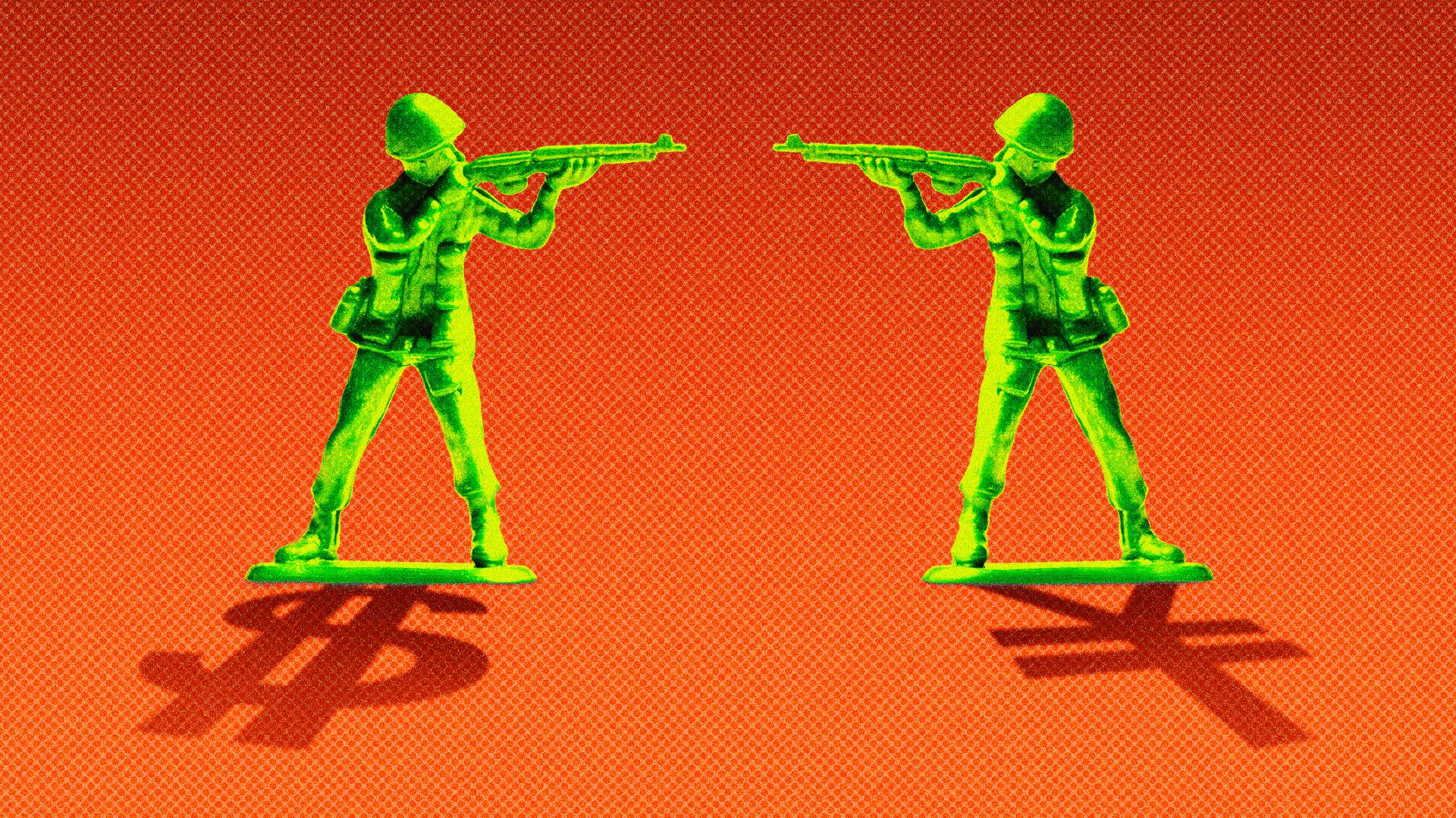 Illustration of two toy soldiers pointing guns at each other. One soldier casts a shadow in the shape of a dollar symbol while the other casts a shadow in the shape of the yuan symbol.