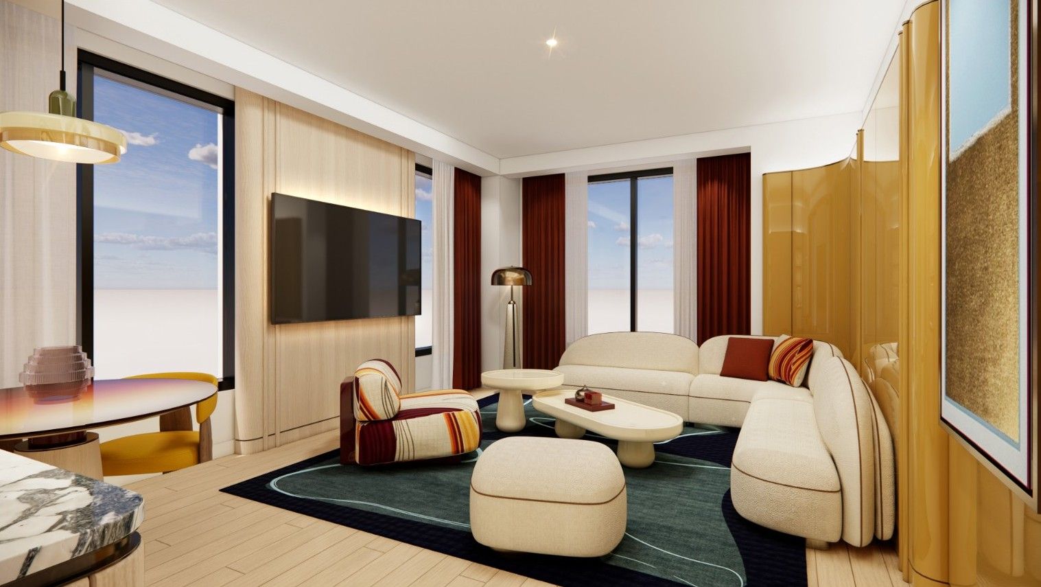 Modern living room with a beige curved sectional, striped armchair, and two white coffee tables on a dark teal rug. Wall-mounted TV, gold cabinetry, floor lamp, and windows with cream curtains.