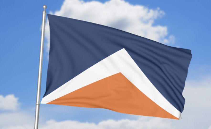 A flag shows an orange triangle in front of a taller white triangle, with navy blue backing.