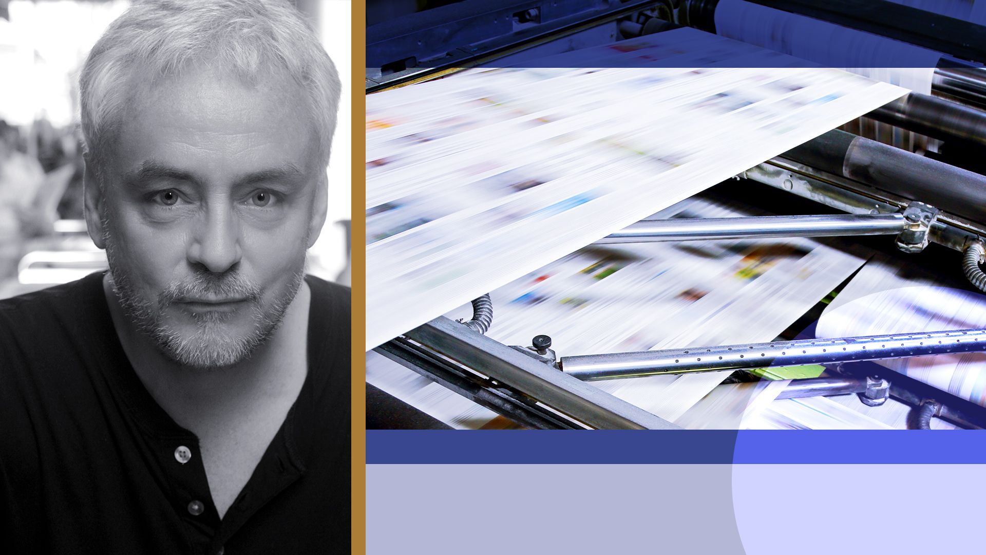 Photo illustration of Bob Guccione Jr. surrounded by abstract shapes and an image of a printing plant.