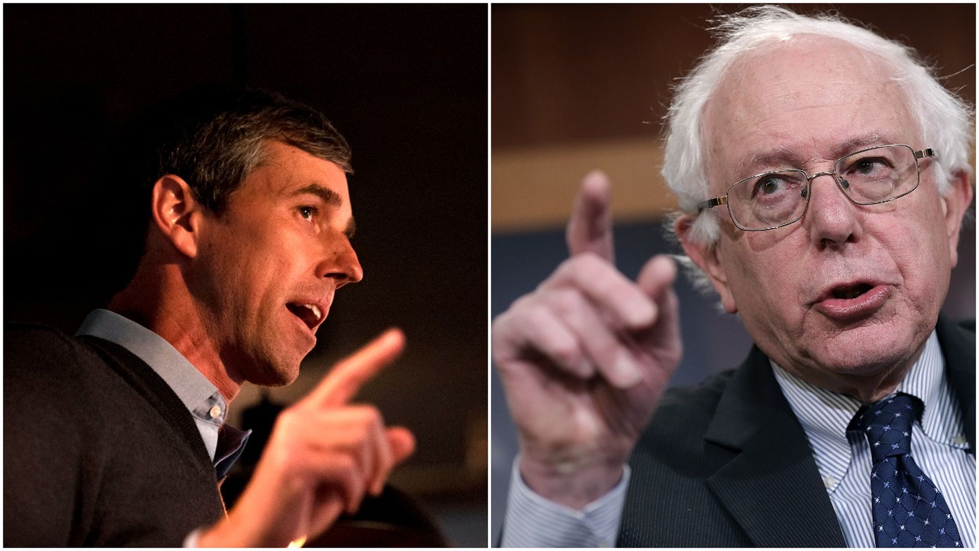 This is a two-way split screen between Bernie Sanders and Beto O'Rourke 