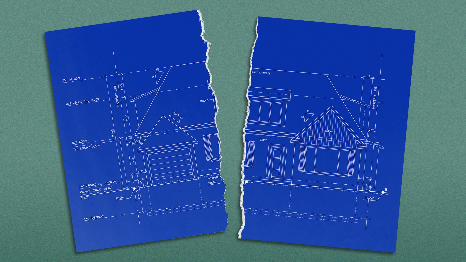 Illustration of ripped up blueprints. 