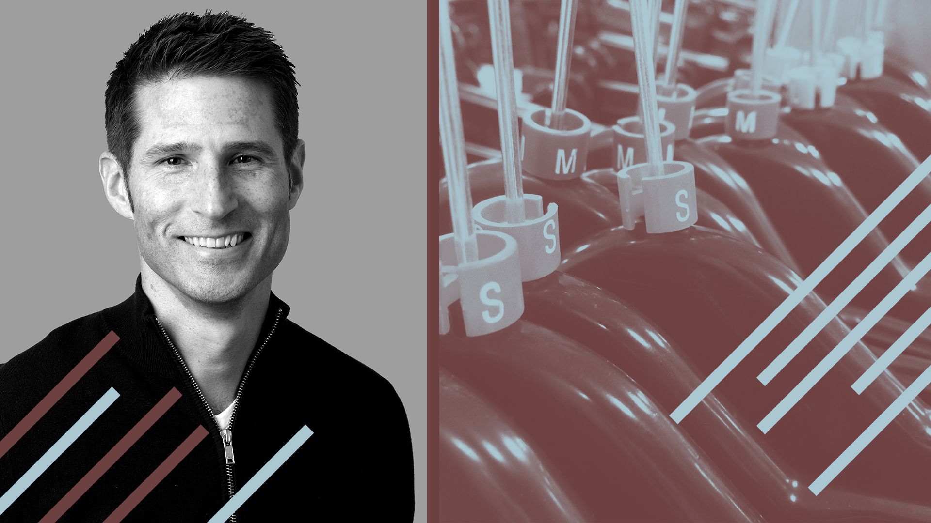 Photo illustration of a collage of Thredup CEO James Reinhart next to a rack of clothing for sale and some maroon and blue lines.