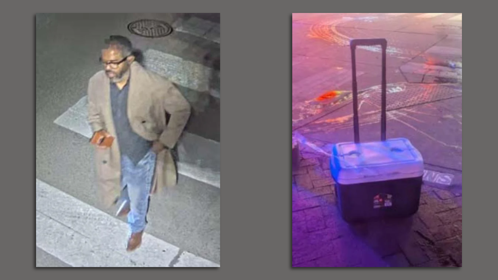 At left, a surveillance image still of a man wearing a tan jacket over a grey shirt and jeans as he walks across pedestrian street markings. At right, a surveillance image still of a cooler with a luggage-type handle extended as the cooler sits unattended on a sidewalk.
