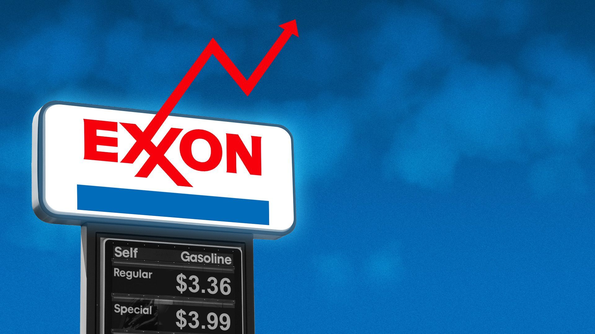 Illustration of an exxon sign with one of the x's forming an arrow going upwards