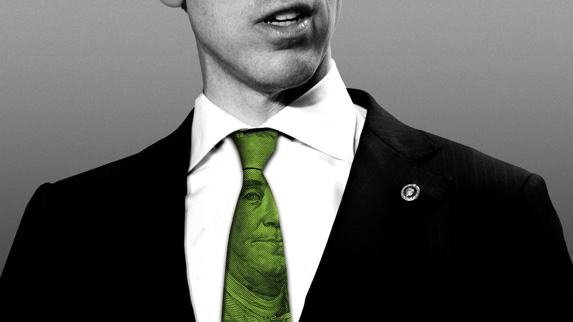 Photo illustration of Josh Hawley wearing a tie with Benjamin Franklin on it