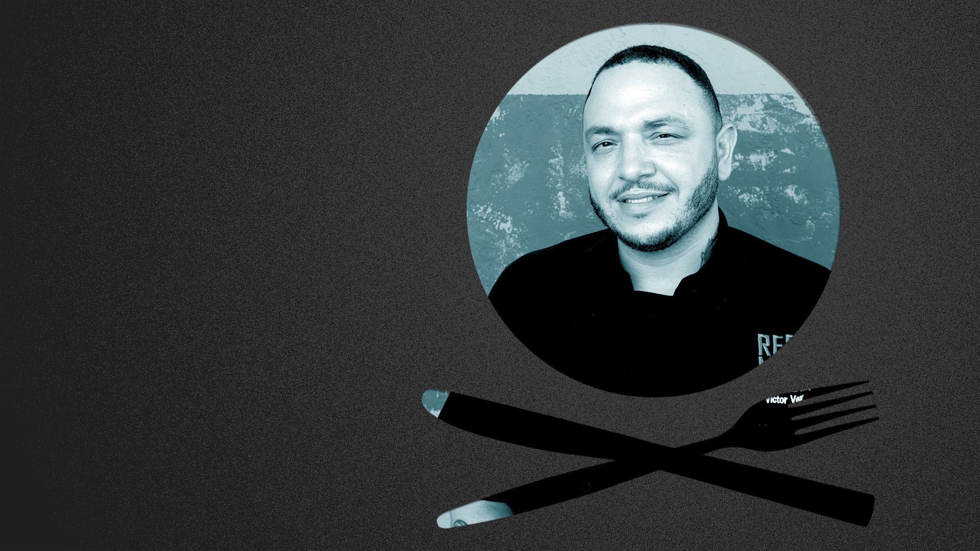 Photo illustration of a place setting shaped like a skull and crossbones containing a photo of Chef Victor “Vic” Vega.