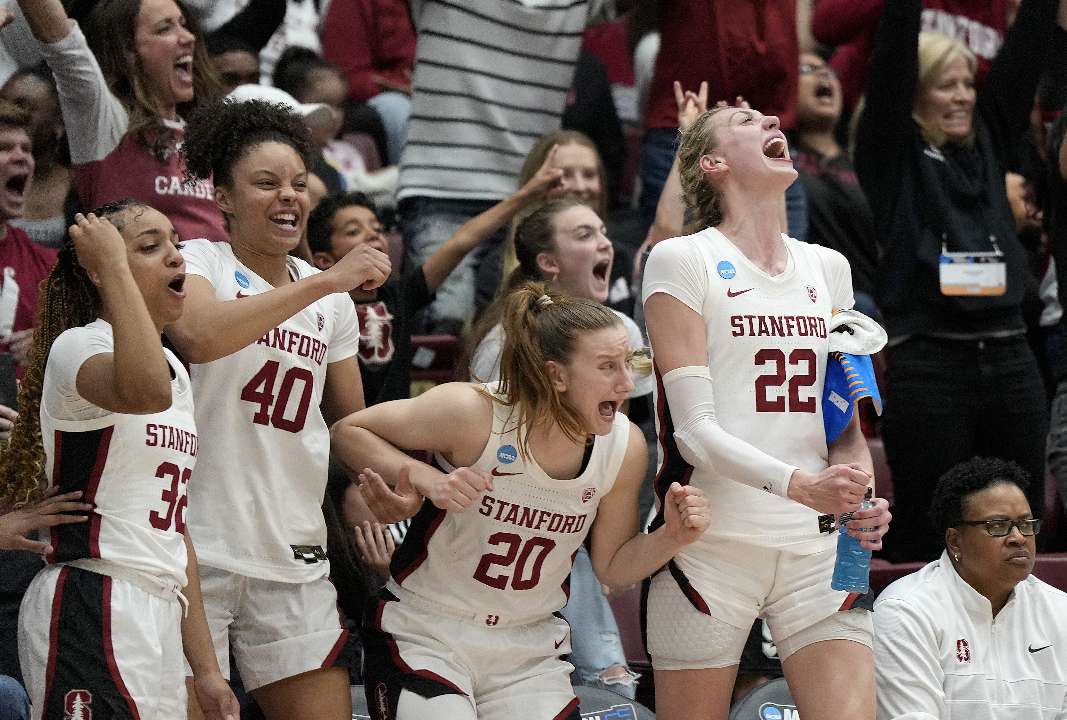 Female basketball players cheering on the sidelines.