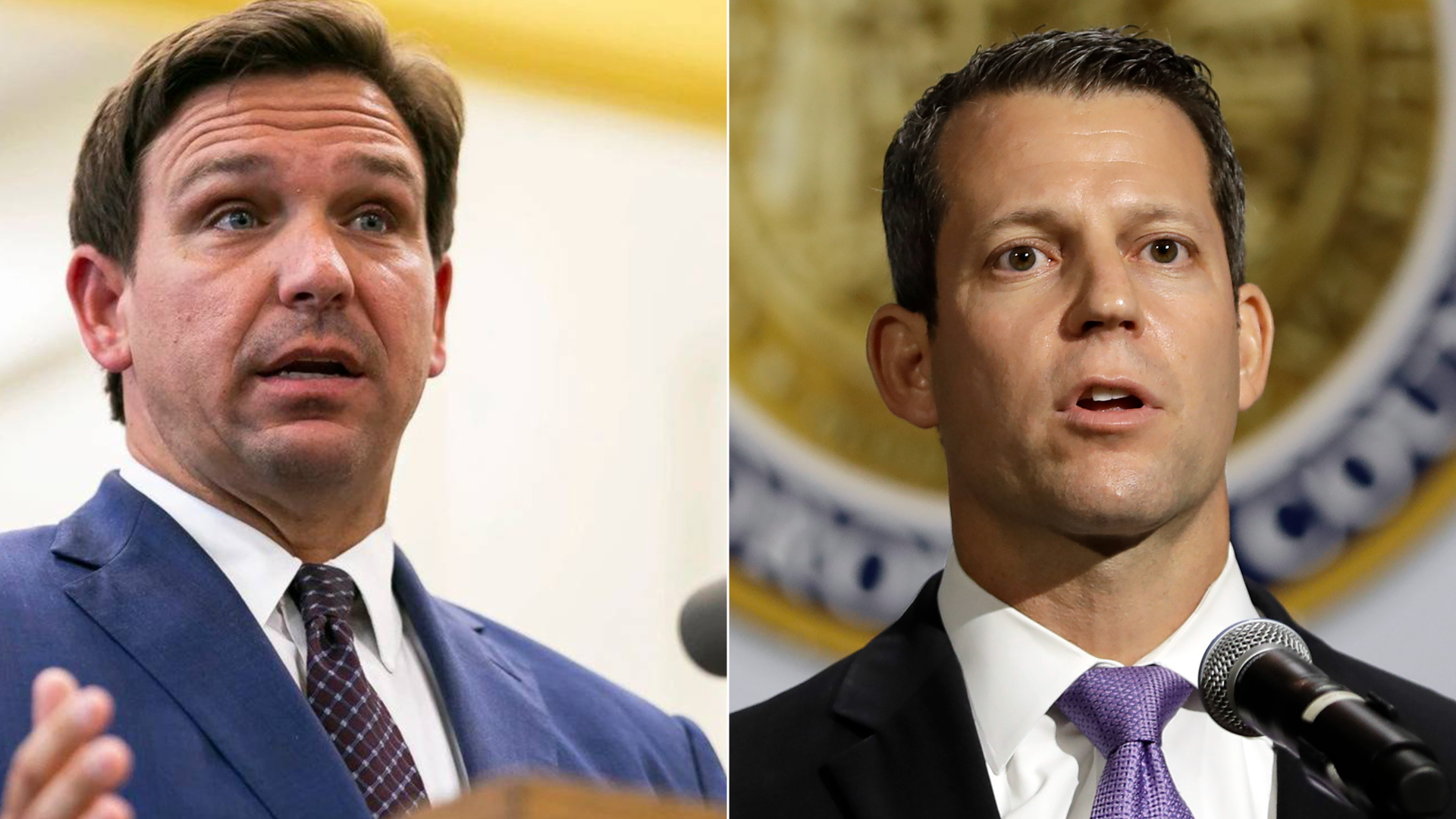 Side-by-side photos of Florida Gov. Ron DeSantis and State Attorney Andrew Warren.