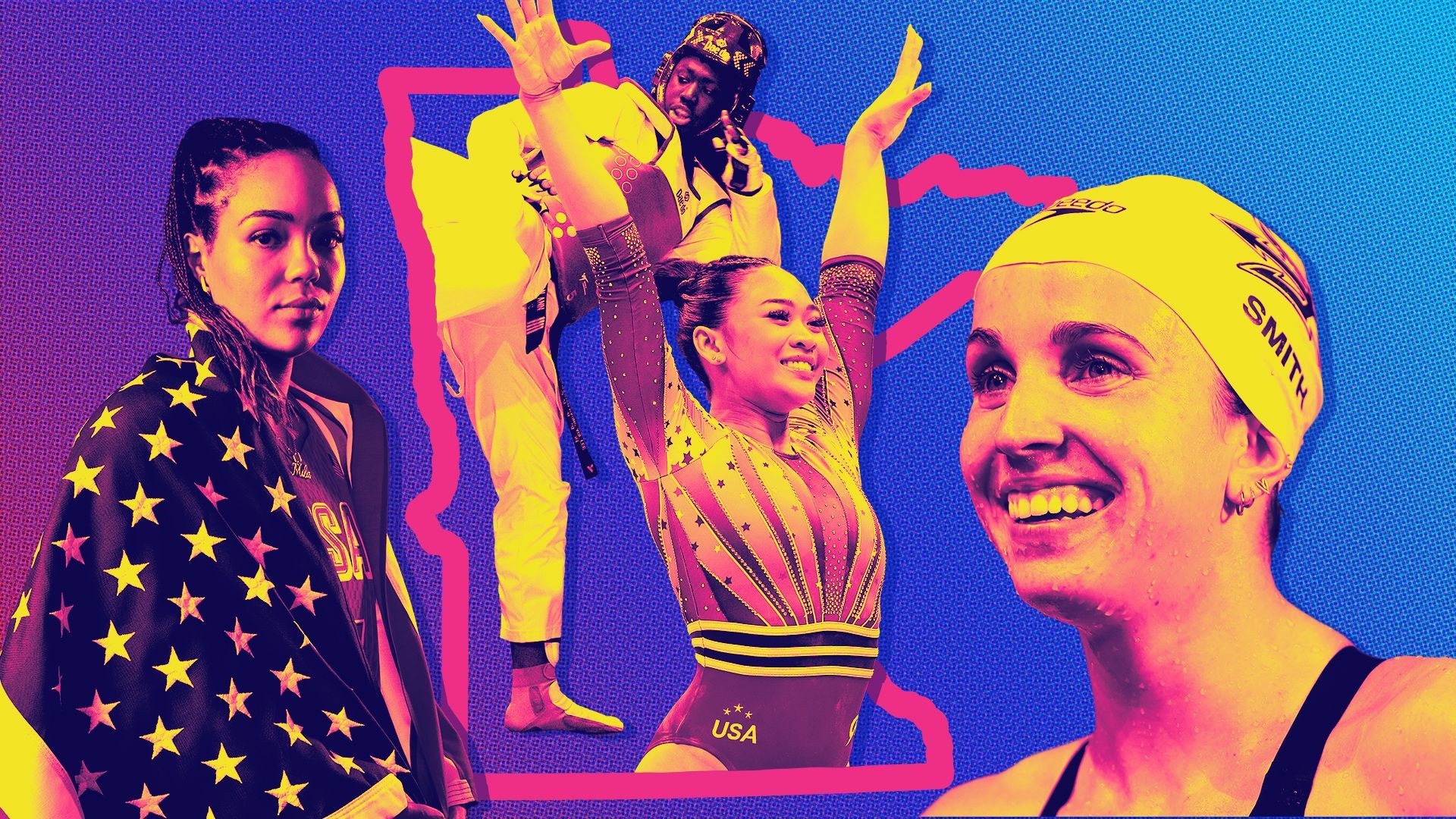 Photo illustration of Olympic athletes Napheesa Collier, Alasan Ann, Sun Lee and Regan Smith collaged in front of the state of Minnesota.
