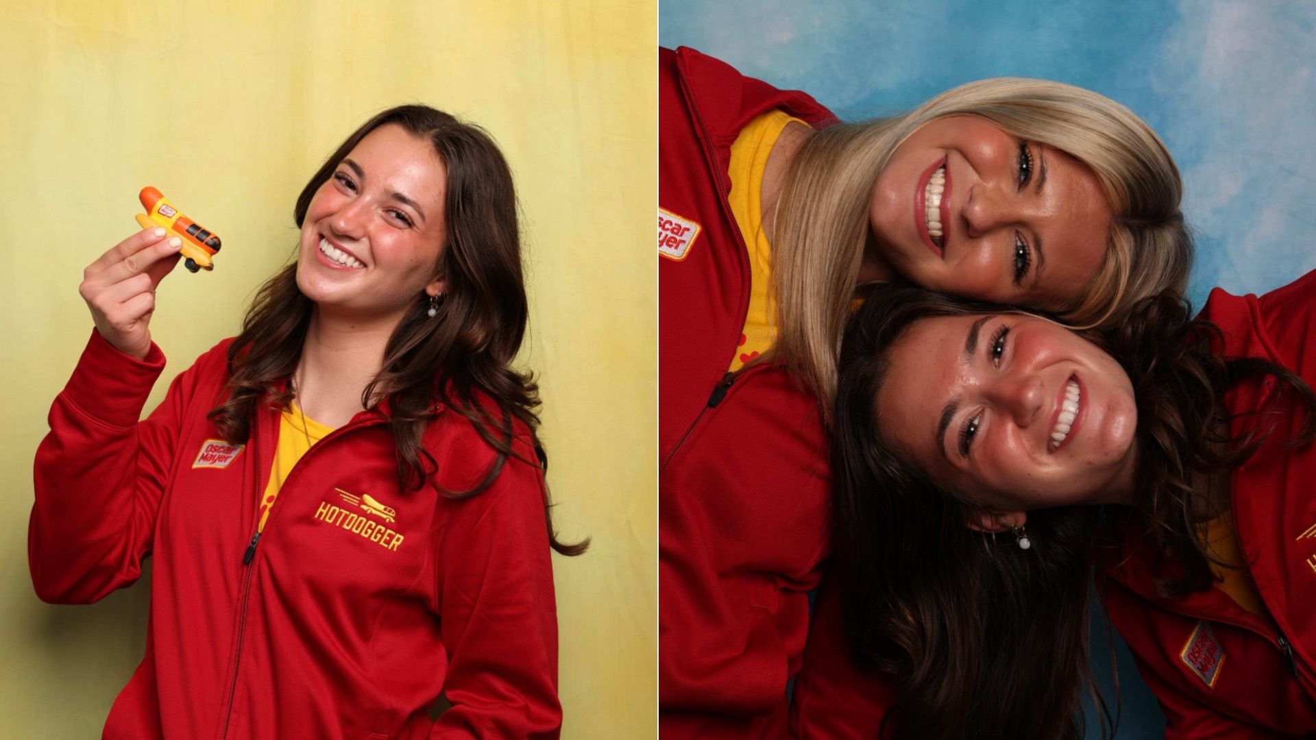 Split image — left to right: "Nacho Dog Norah" Martin holding a yellow toy car against a pale yellow background; "Nacho Dog Norah" and her co-pilot "Cookout Caroline" leaning together in a photo with a blue backdrop.