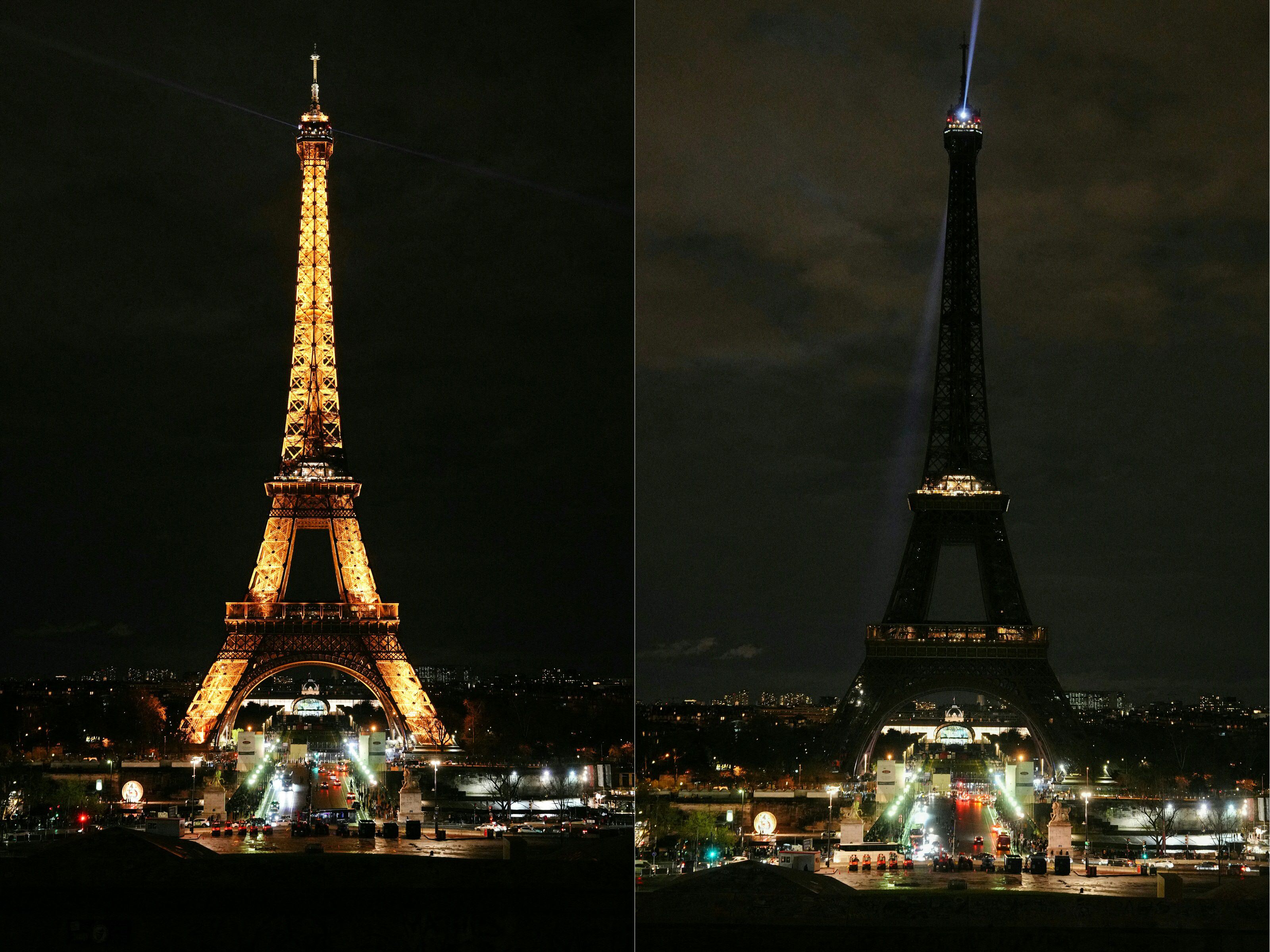 Two photos of the Eiffel Tower, lit up and dark