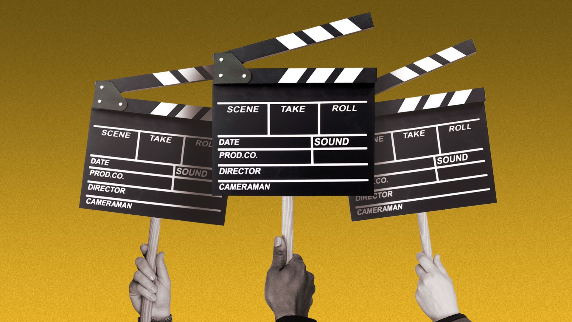 Illustration of picket signs shaped like film slates.