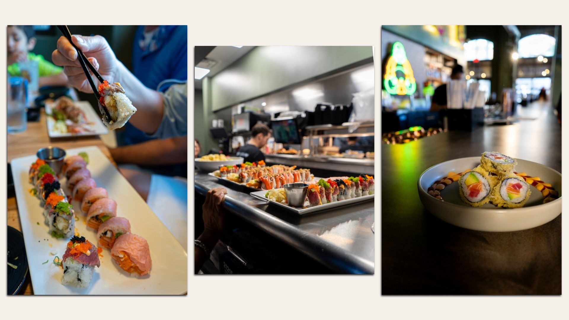Triptych of sushi scenes: left shows a hand with chopsticks picking up a sushi bite; middle shows a busy sushi bar with plated rolls; right shows a bowl of sushi rolls on a table in a restaurant.
