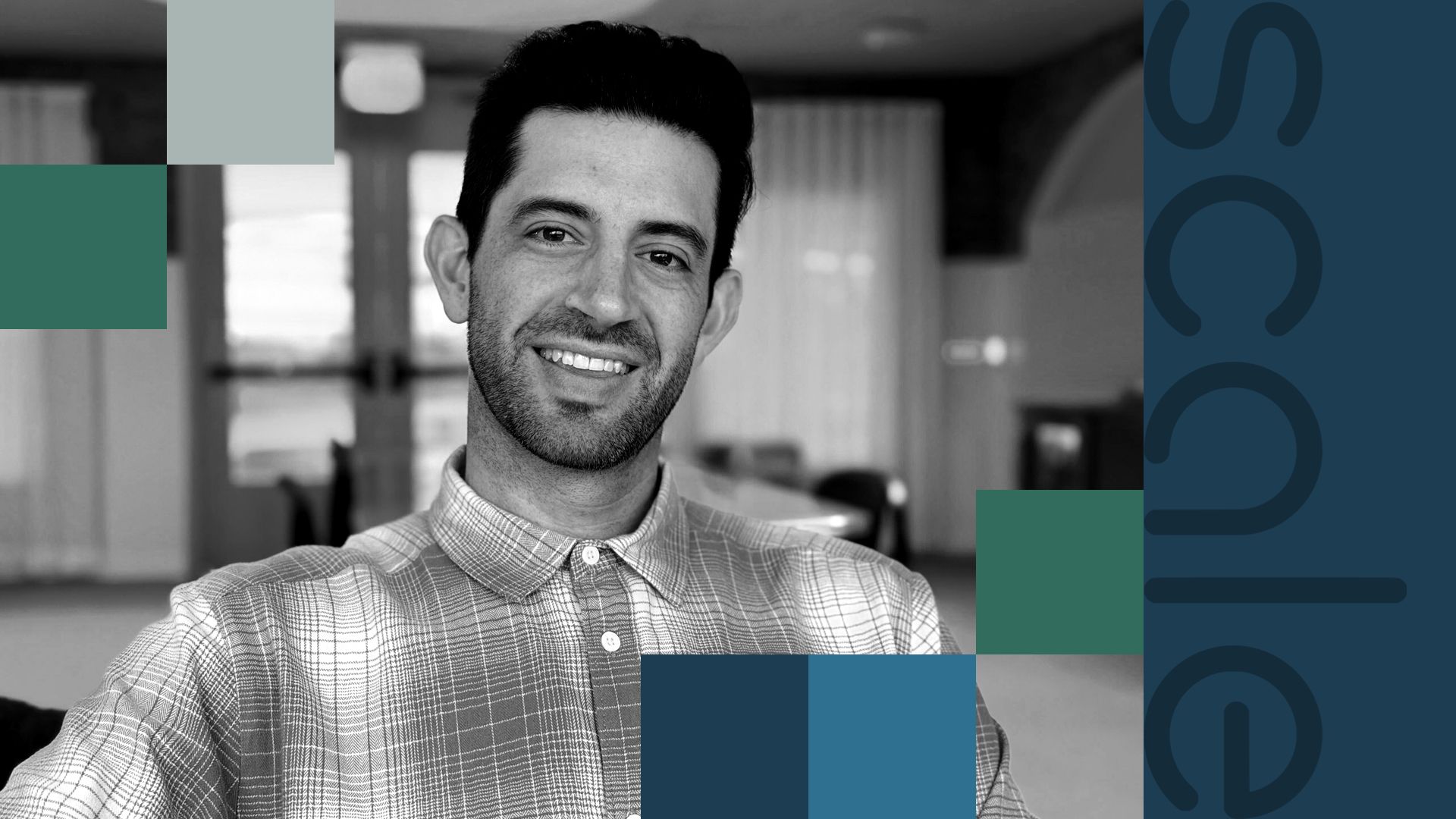 Photo illustration of Tom Channick surrounded by abstract shapes and the Scale AI logo. 