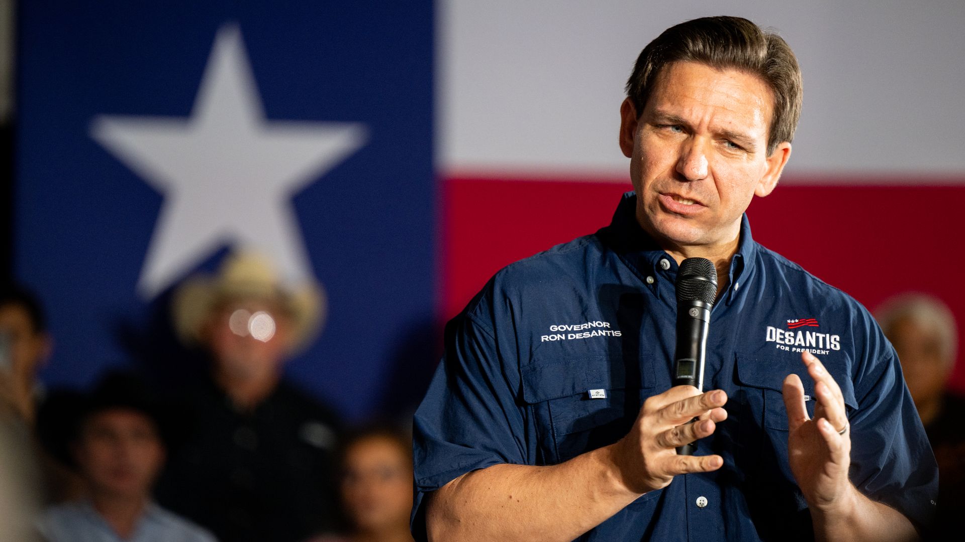 Republican presidential candidate, Florida Gov. Ron DeSantis speaks during a campaign rally on June 26, 2023 in Eagle Pass, Texas. 