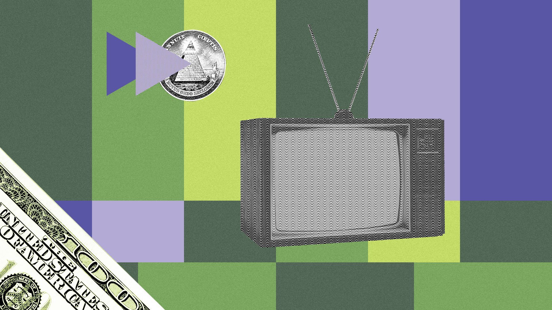 Illustration of a collage featuring an old TV, parts of dollar bills, and a TV test pattern.