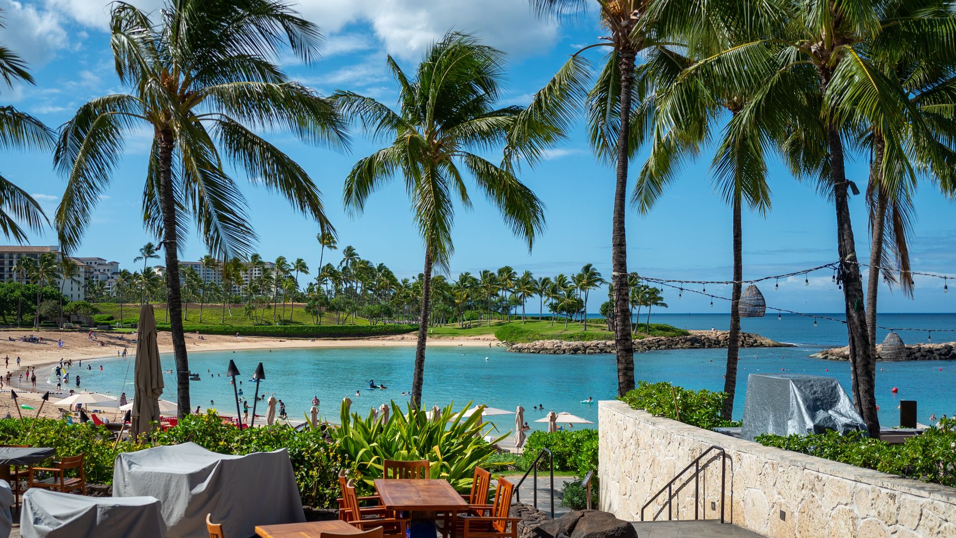 Palm trees and tables set up beside a lagoon.