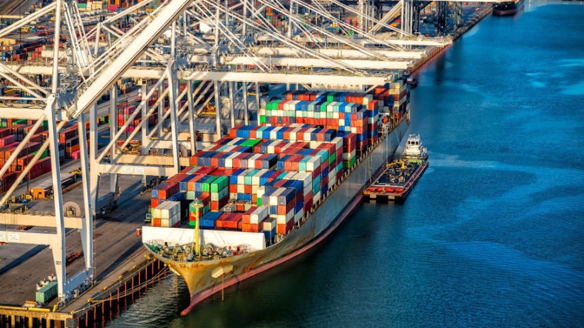 A container ship in port. 