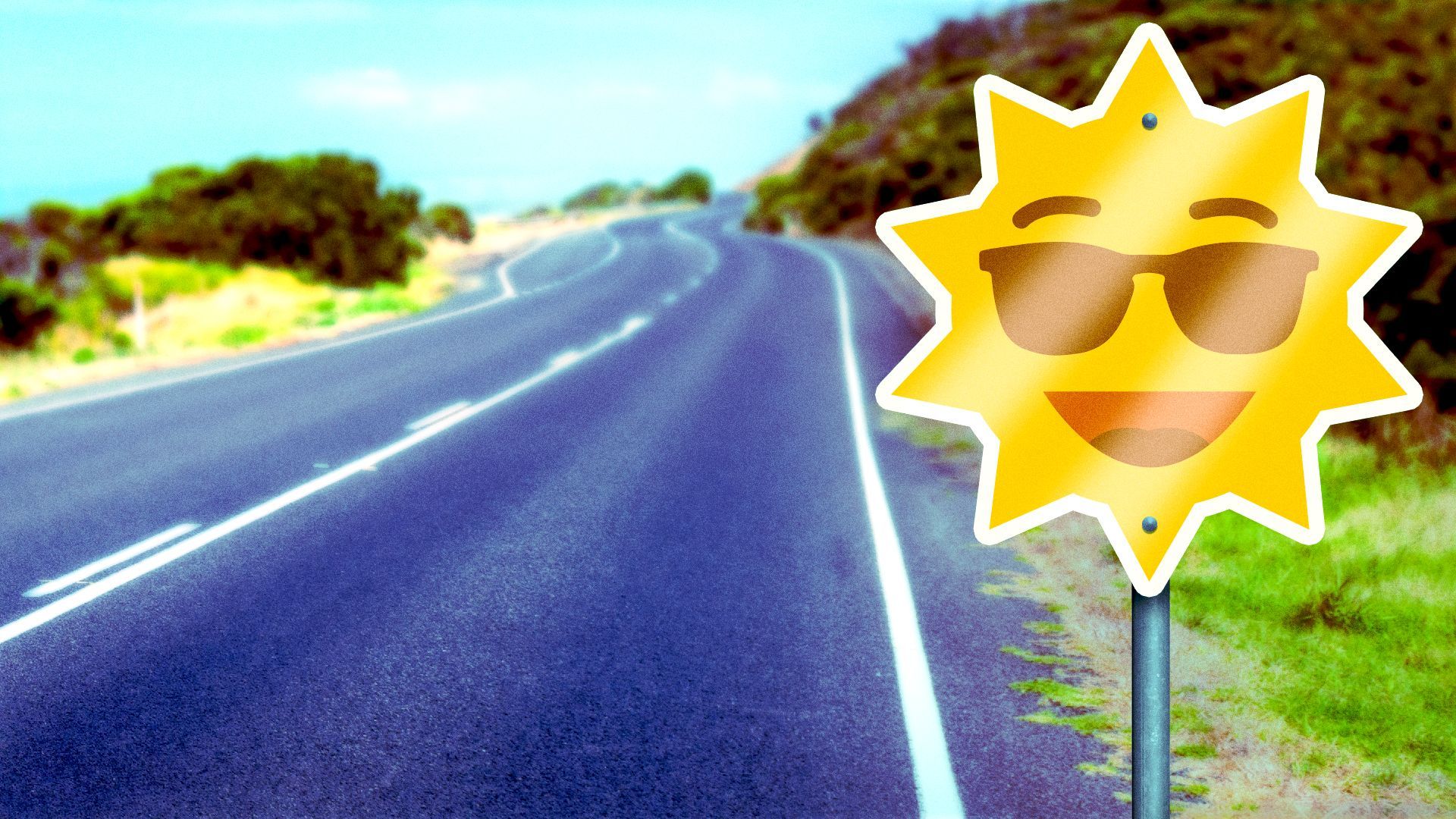 Illustration of a road sign in the shape of a smiling sun in front of a curving road.