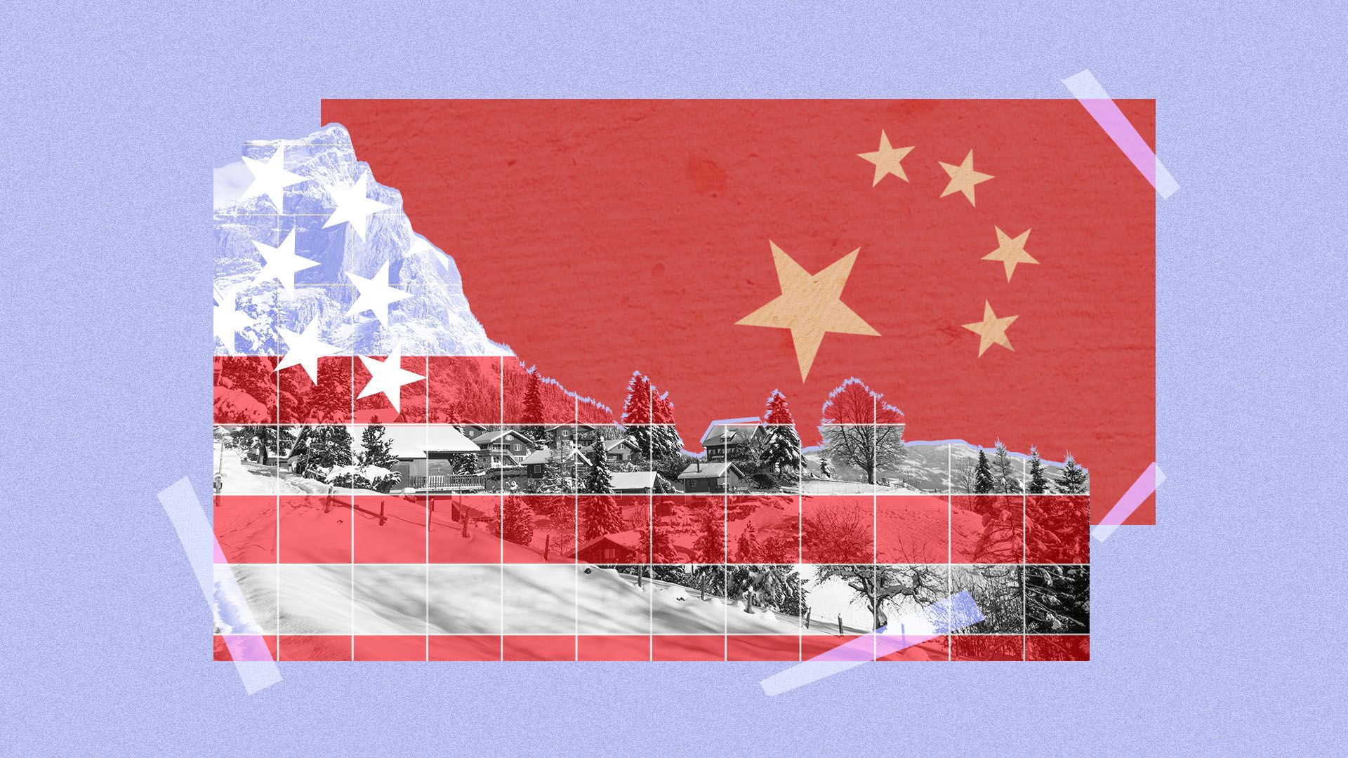 Illustration of the Swiss Alps, overlaid with elements of the American and Chinese flags