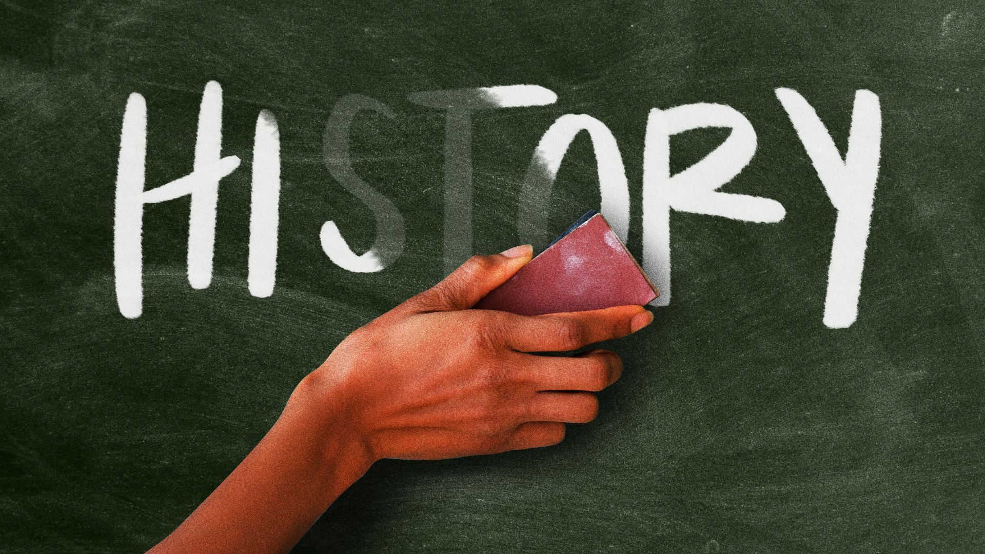 Illustration of a Black teacher's hand erasing the word "history."