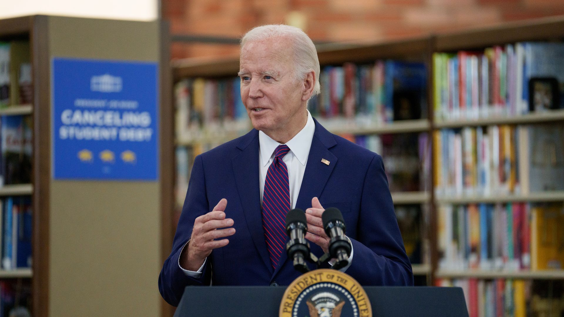 President Joe Biden speaks at the Culver City Julian Dixon Library in Culver City, California, US, on Wednesday, Feb. 21, 2024.