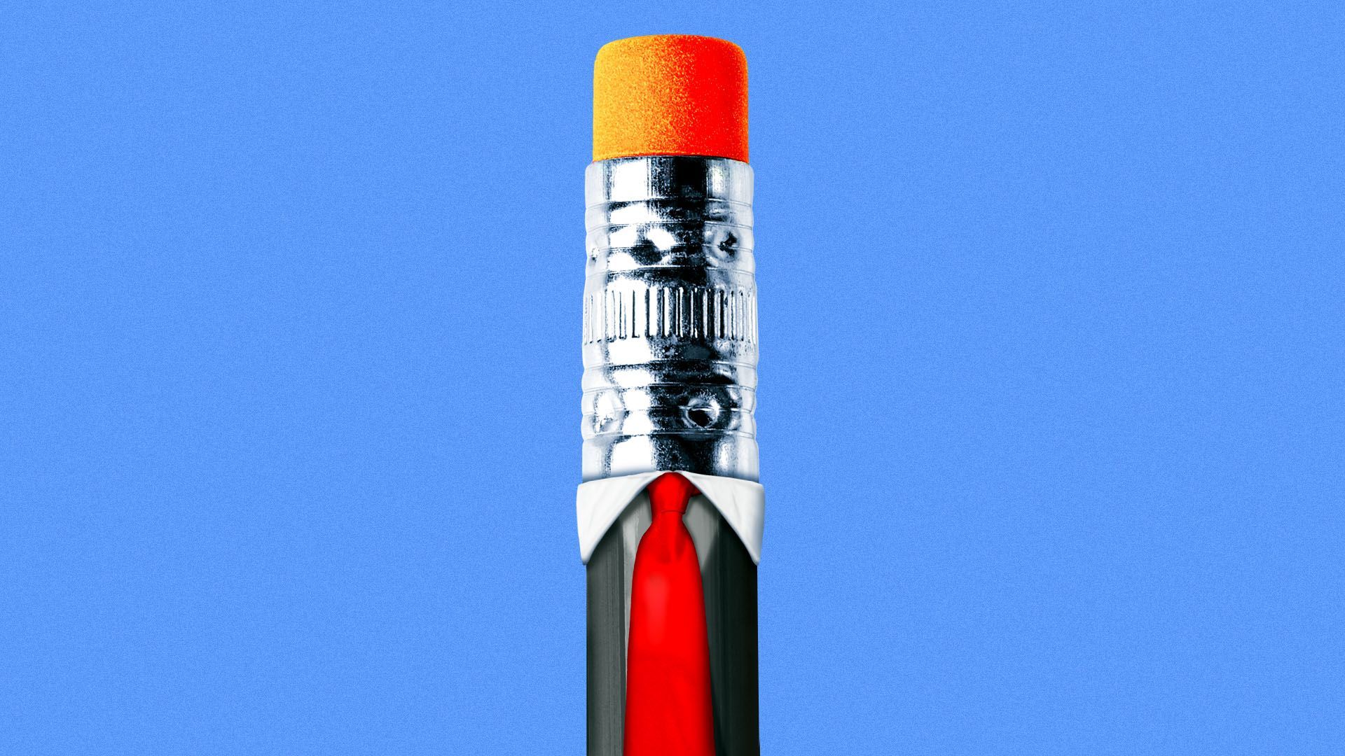 Illustration of the eraser-side of a pencil in a suit and red tie