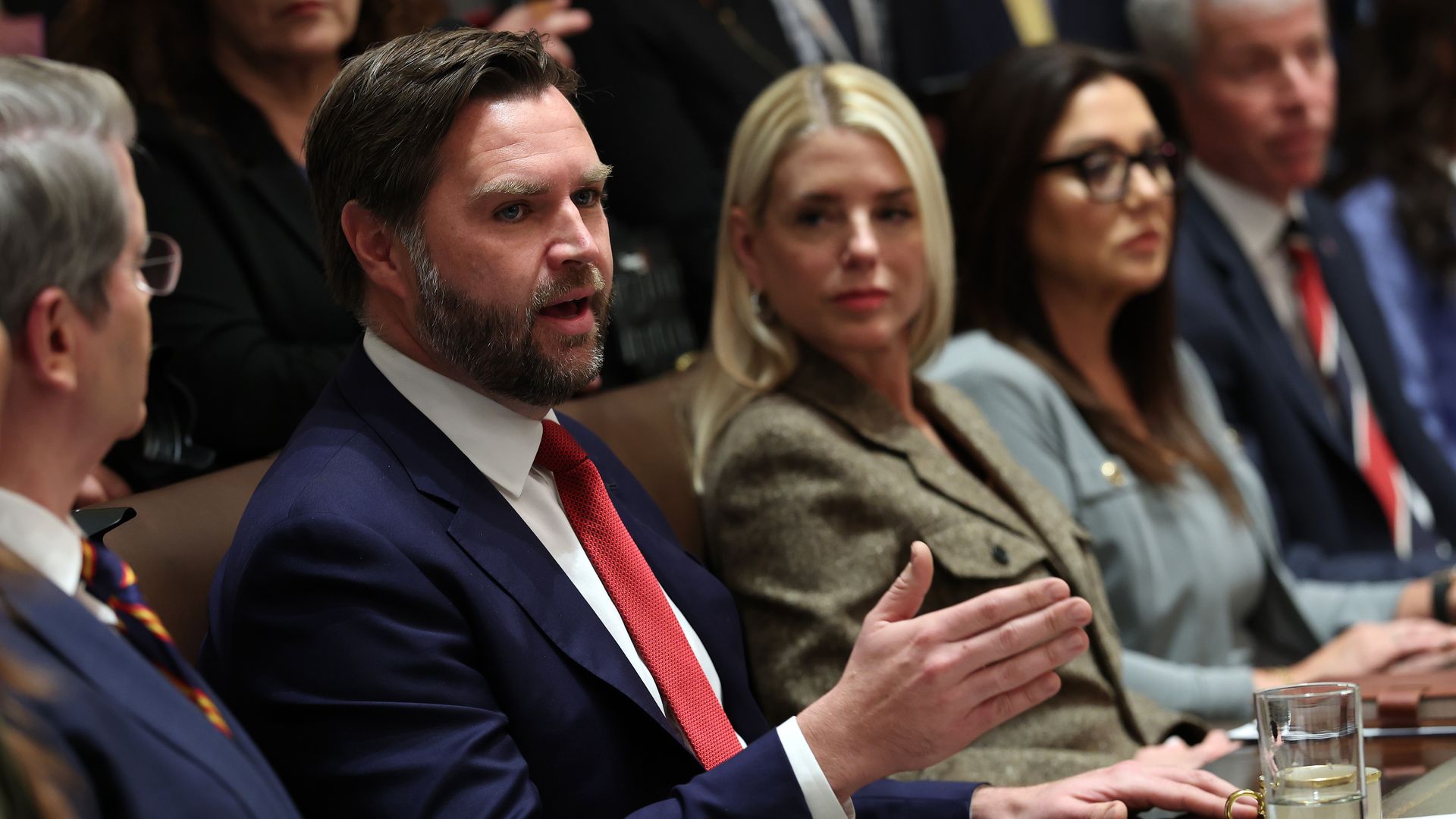 WASHINGTON, DC - OCTOBER 09: U.S. Vice President JD Vance delivers remarks during a Cabinet meeting with President Donald Trump at the White House on October 09, 2025 in Washington, DC. Trump spoke on the Israel and Hamas ceasefire and hostage deal saying the hostages may be released next week.