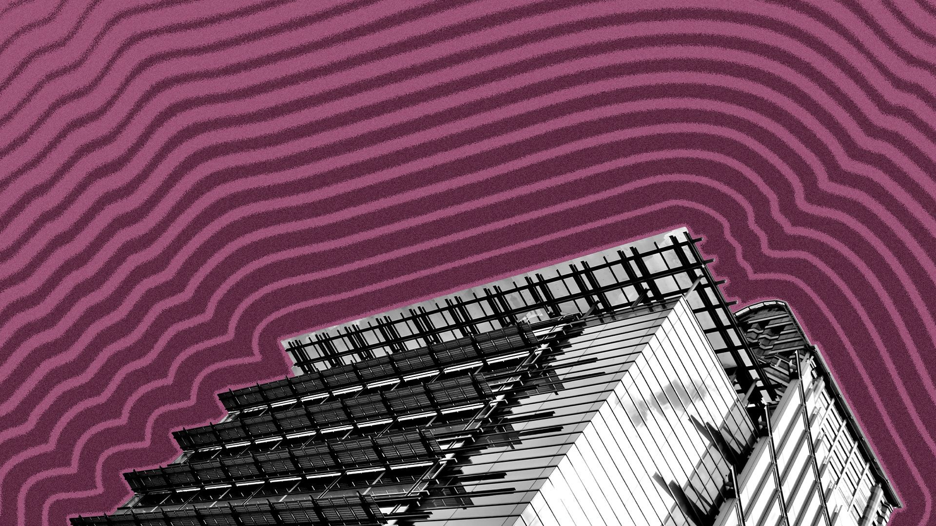 Illustration of Seattle City Hall with lines radiating from it. 