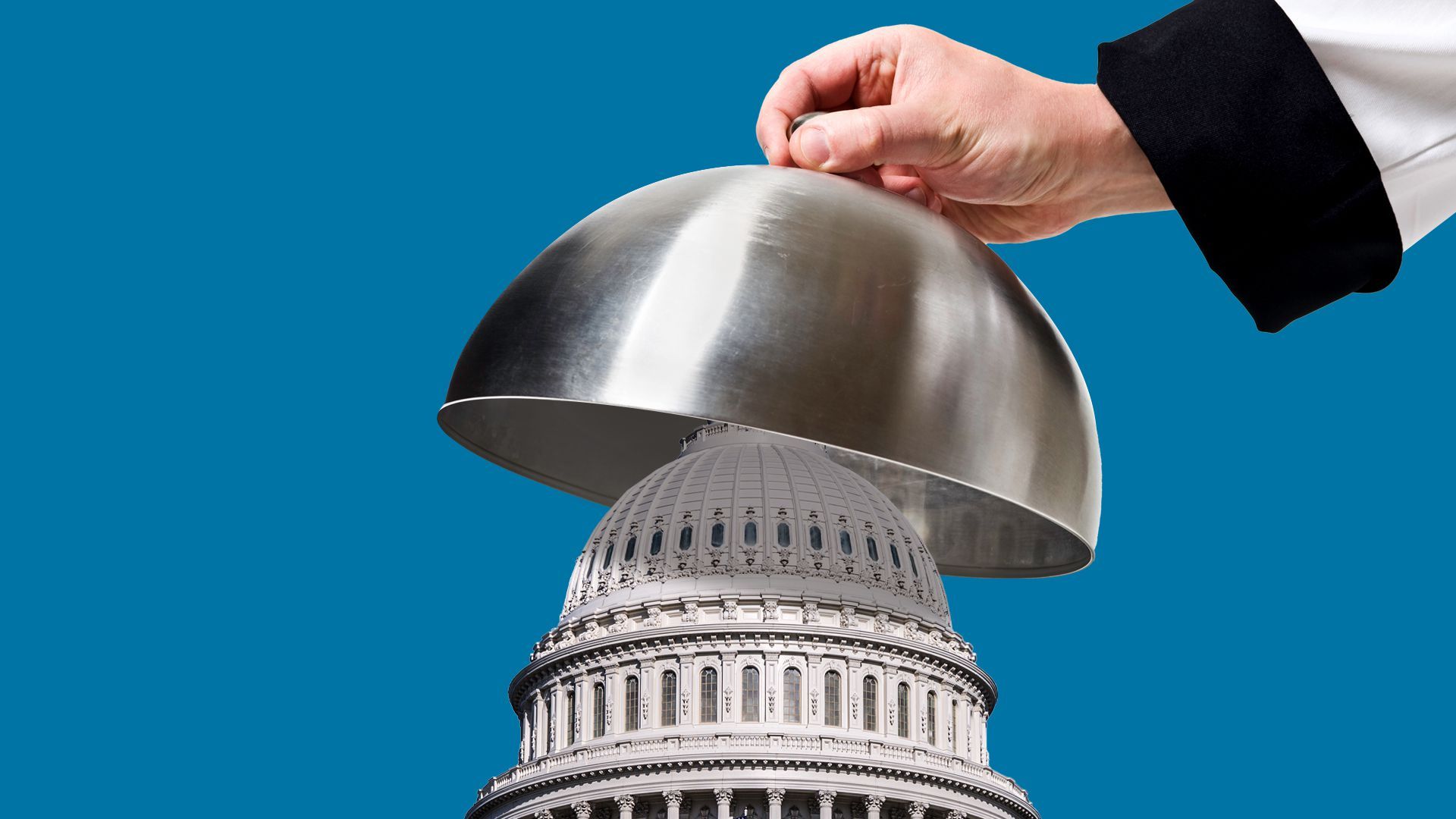 Illustration of a silver cloche being lifted to reveal the capitol building