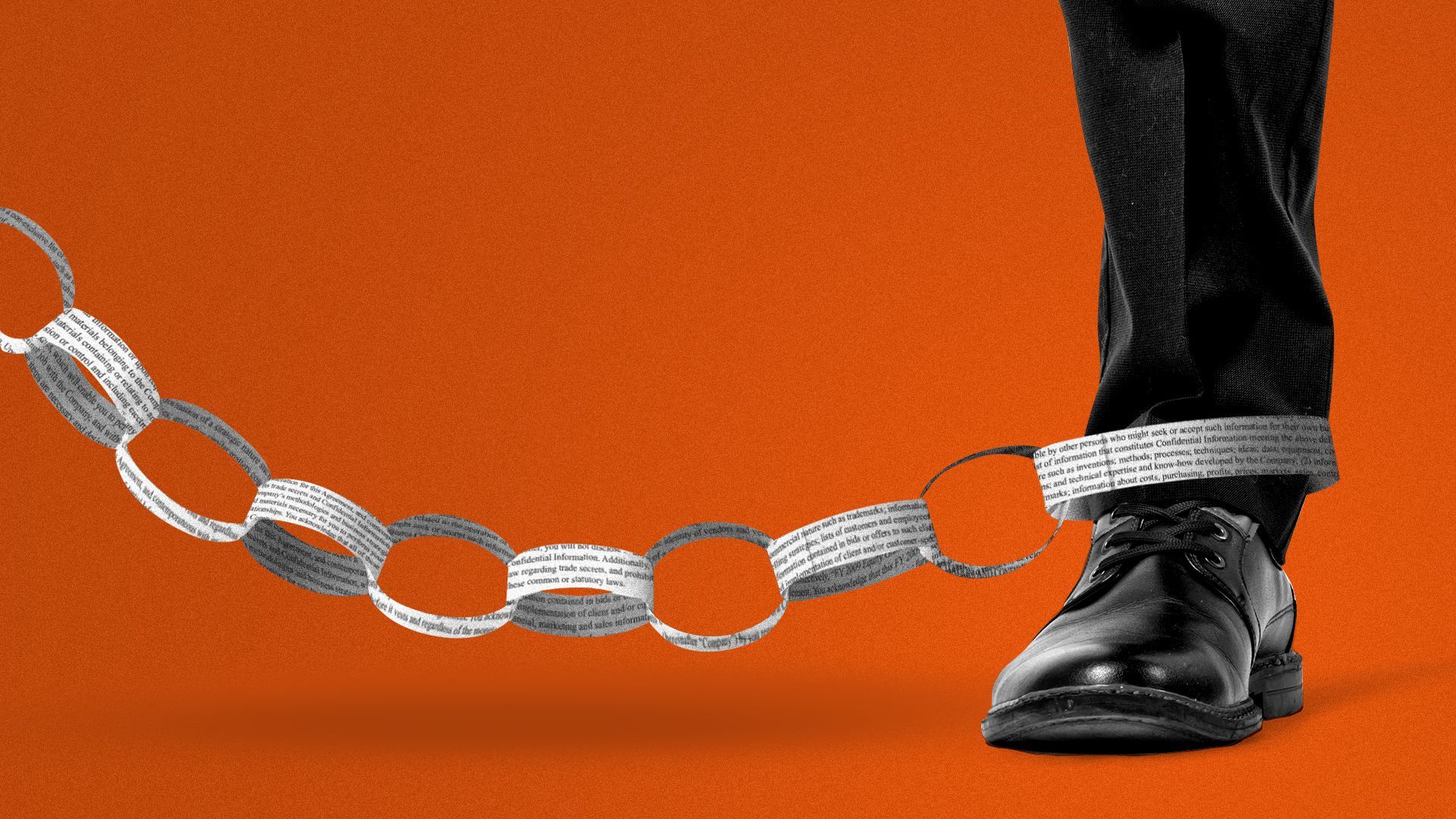 Illustration of a business person's leg chained up with a paper link chain made from cut up non-compete agreements.