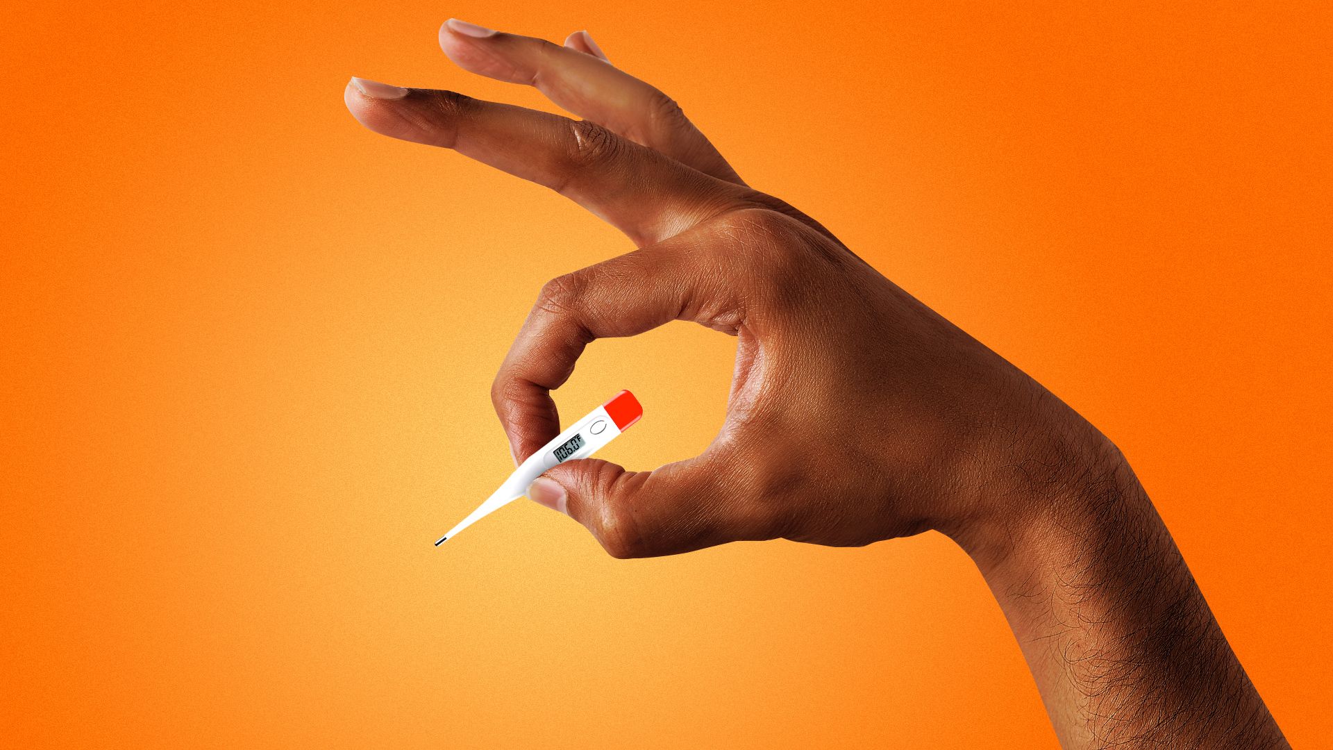 Illustration of a hand holding a tiny thermometer.