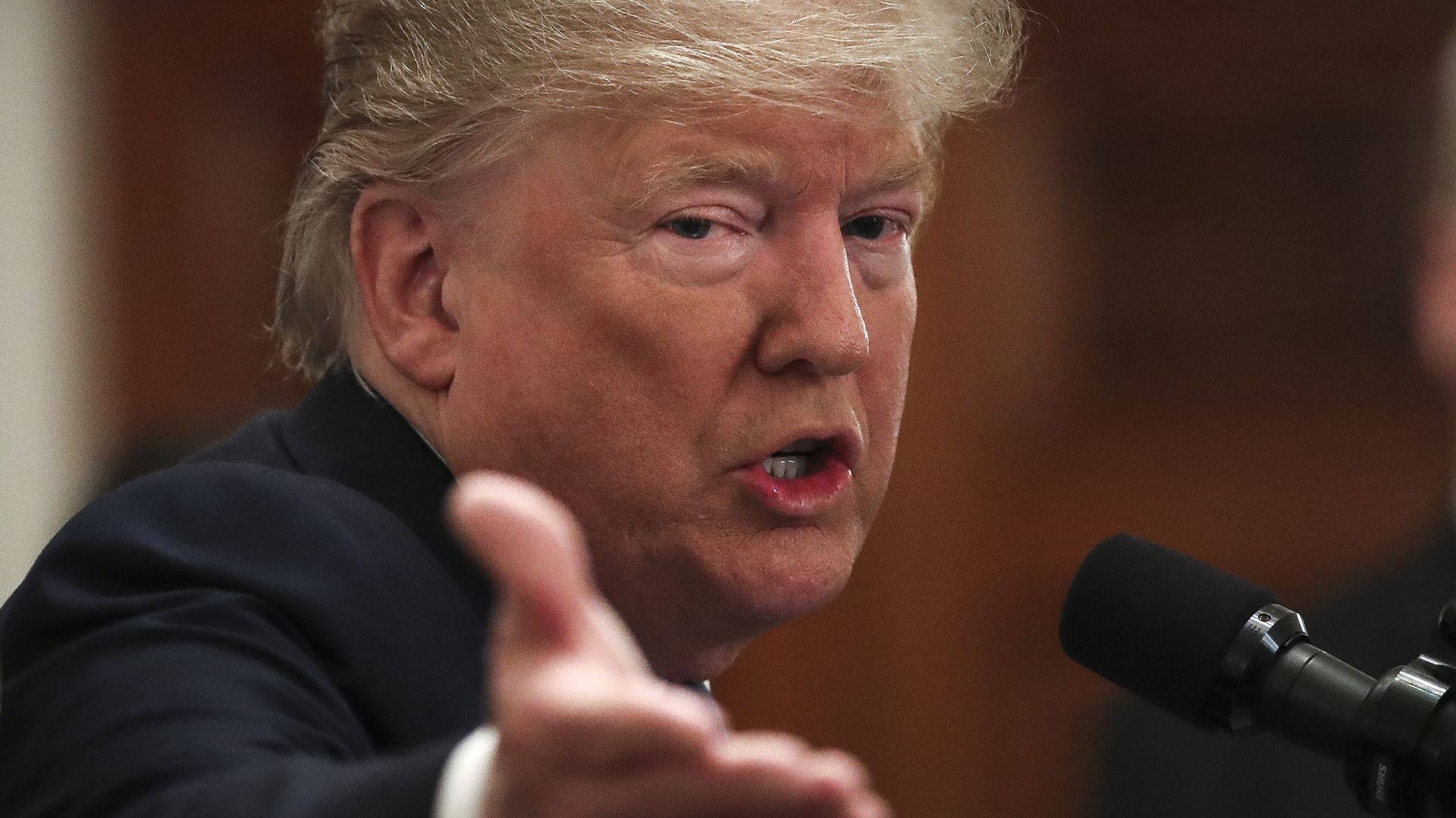 In this image, Trump speaks into a microphone.