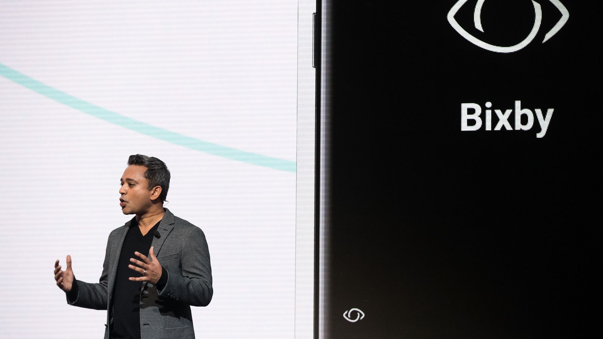 Sriram Thodla, senior director of services and new business at Samsung, talks Bixby at the Samsung Galaxy S8 launch in 2017. 