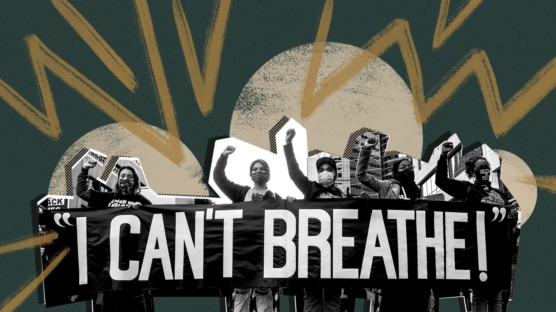 Illustration of Black Lives Matter protestors holding an "I Can't Breath" sign.