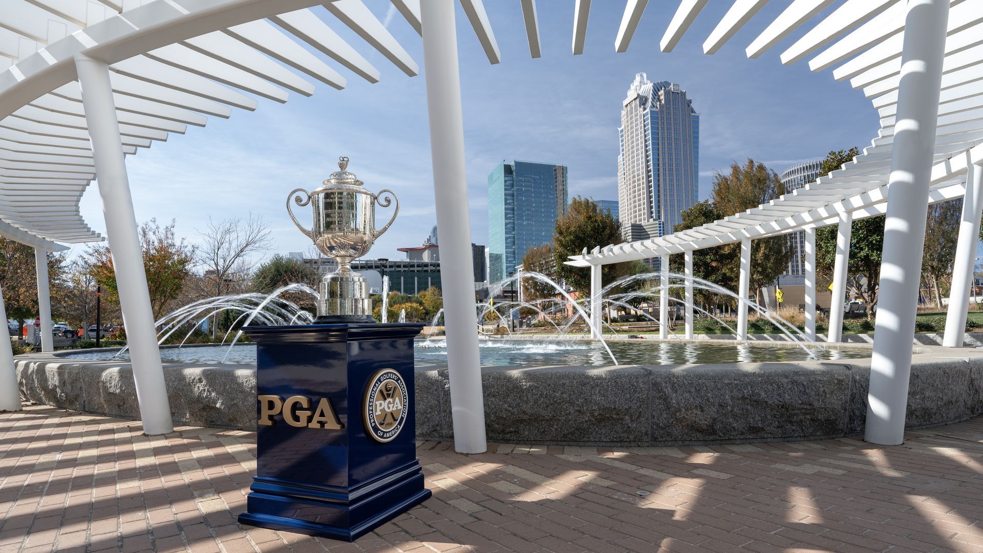 The Wanamaker Trophy in First Ward Park with the Charlotte skyline in the background. Photo: Gary Kellner/PGA of America via Getty Images