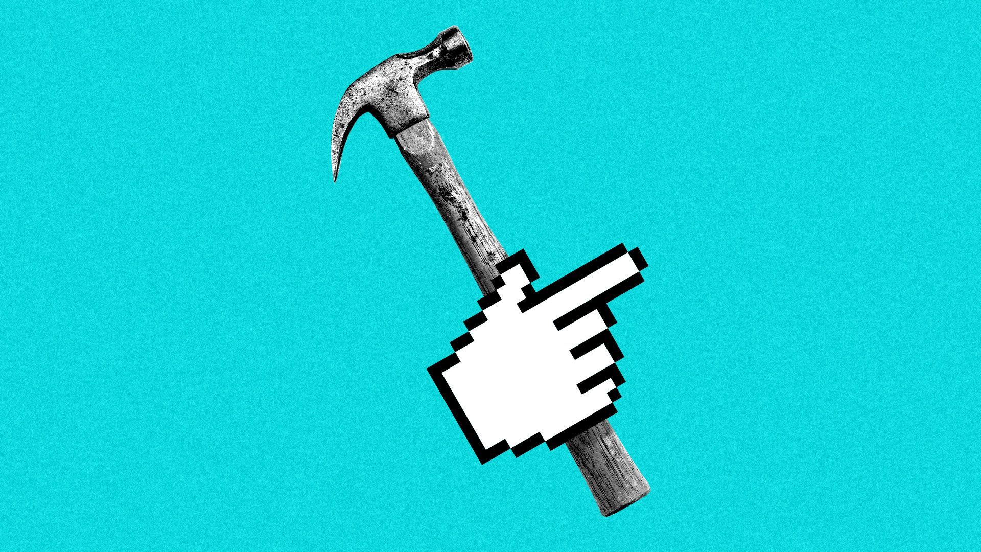Illustration of hand cursor holding a hammer